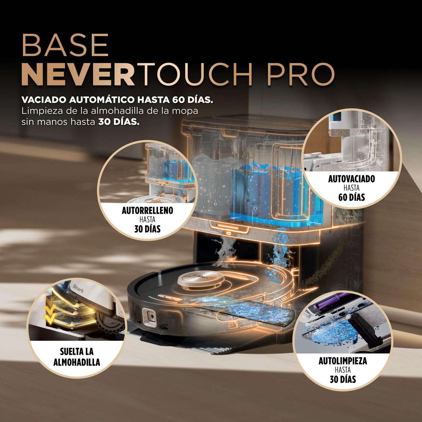 Shark PowerDetect, Robot Aspirador y Mopa 2 en 1, Blanco, AV2800ZEEUWH | Base NeverTouch Pro con Limpieza, Carga y Vaciado Automáticos, 60 Días, Navegación 3D y LiDAR, NeverStuck, Wifi/app