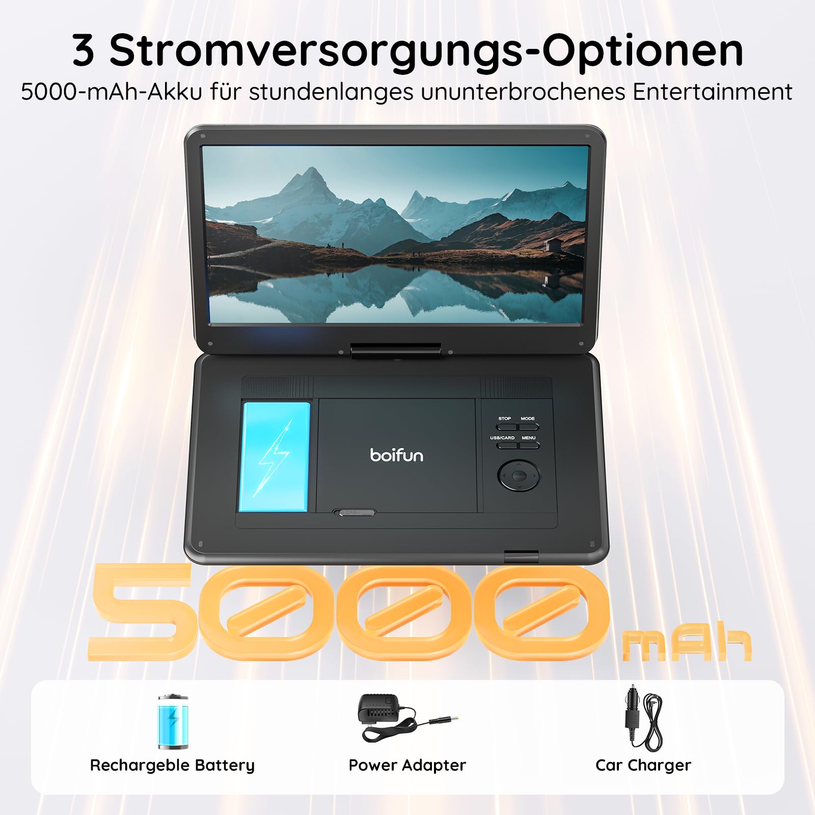 17,5 Zoll Tragbarer Fernseher mit Integriertem DVD-Player, Digitalem DVB-T2-Tuner, Akku, HDMI-Eingang, FM-Radio, USB-Anschluss, SD-Kartensteckplatz und AV-Ausgang