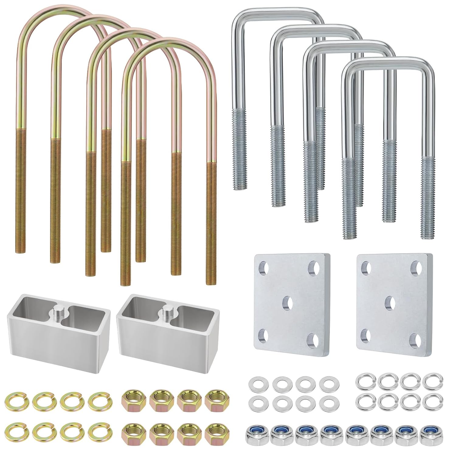 U-Bolt & Lowering Block Kit for Boat Trailers/Leaf Spring Suspension – Heavy-Duty Galvanized U-Bolts, Adjustable Height Aluminum Blocks (5-1/4" Bolts x 1/2" Plates & 10" Bolts x 3" Blocks)