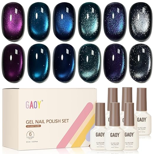 GAOY Glitter Cat Eye Gel Nail Polish Set with Magnet, 6 Colors Purple Blue Black Glitter Gel Holography, Long Lasting for Nail Art at Home & Salon Manicure