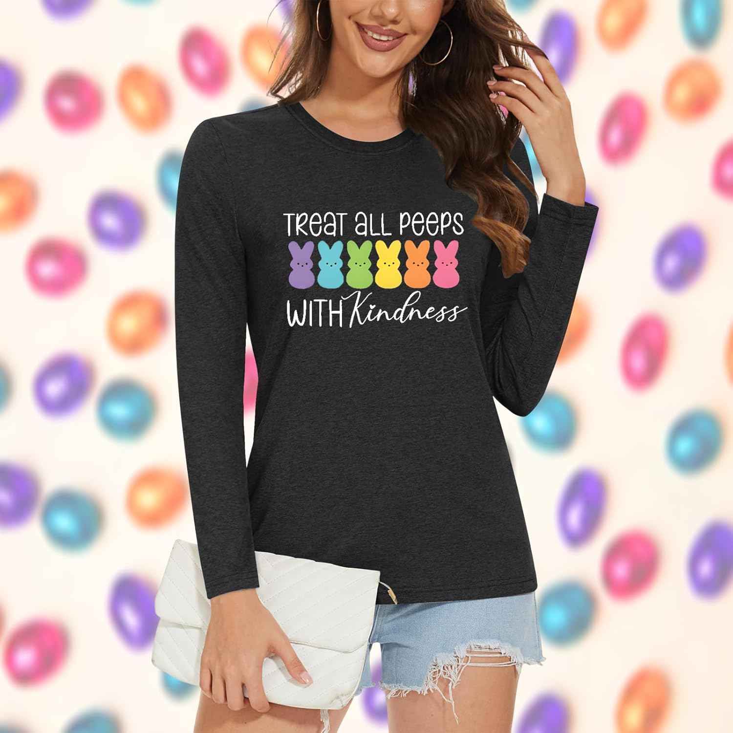 Easter Teacher Shirts for Women Treat All Peeps with Kindness Graphic T-Shirt Long Sleeve Easter Bunny Tops - Image 3
