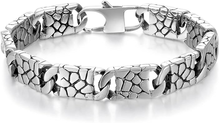 Mens Stainless Steel Link Chain Bracelet, Snake Scale Textured Punk Rock Bracelet, Timeless Minimalist Style