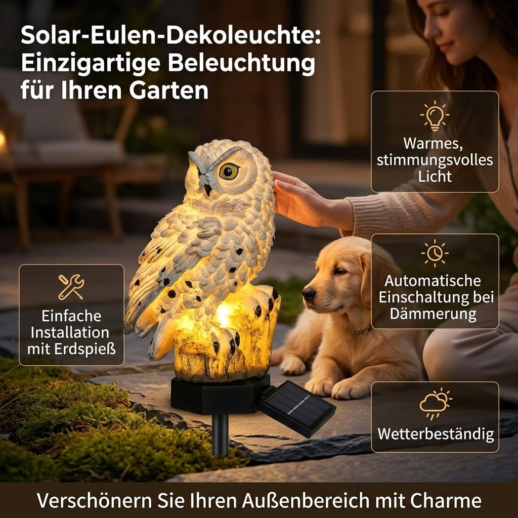 Luma Eule Beweglich LED Solar Light – Resin Owl Simulation, Weather-Resistant Outdoor Garden Lamp