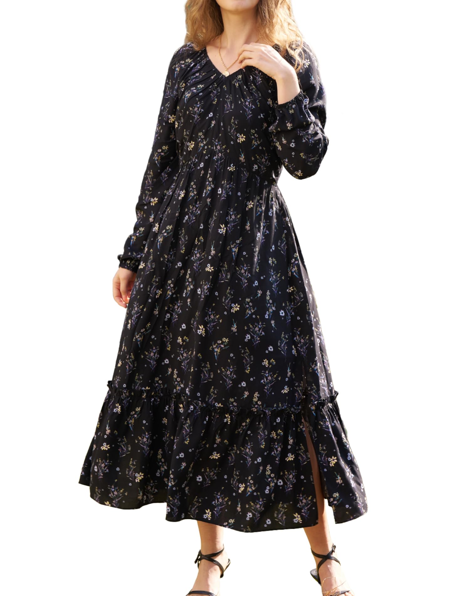 Olaesa Women's Floral Boho Maxi Dress Long Sleeve V Neck 2025 Spring Ruffle A-Line Split Swing Long Dress with Pockets Black