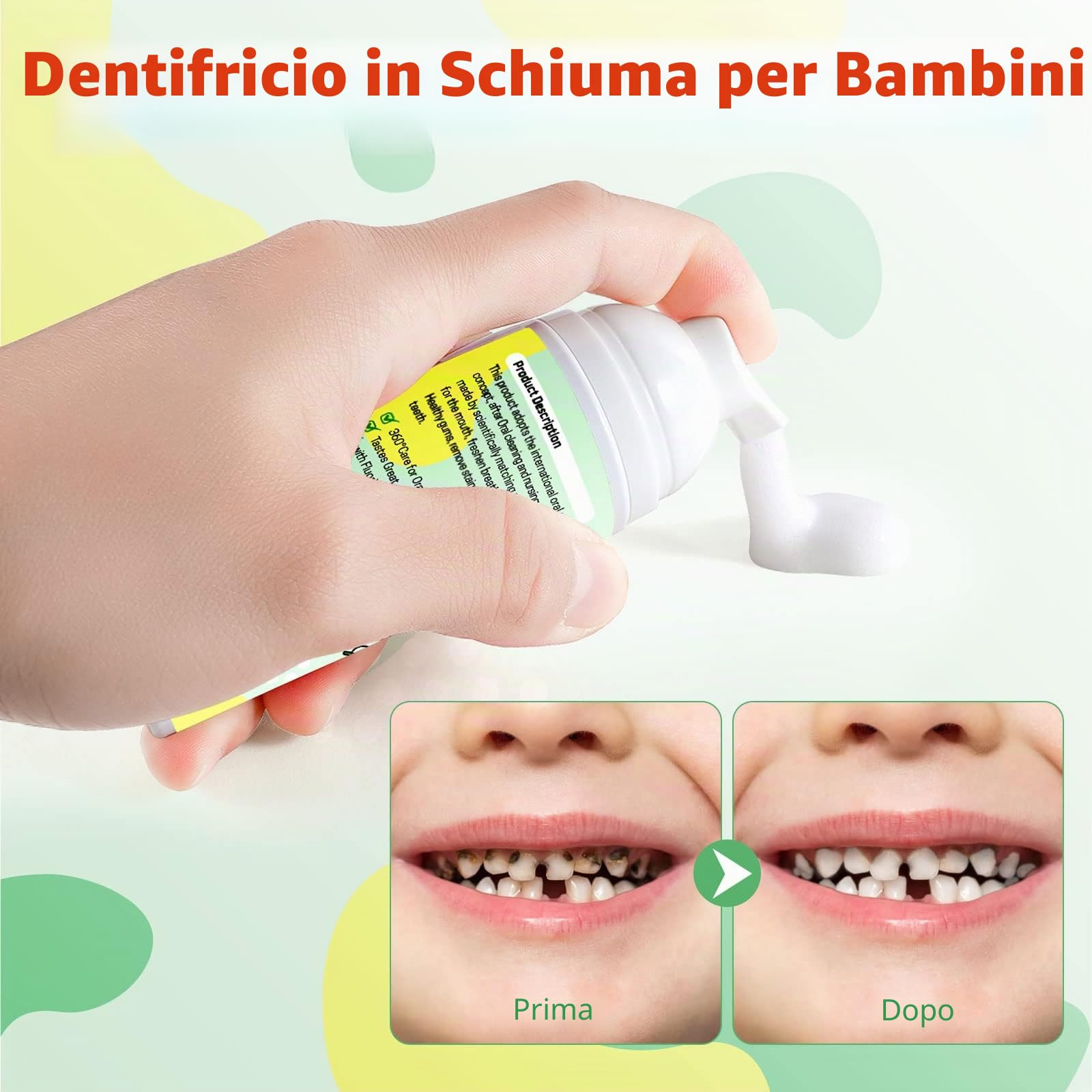 Dentifricio Schiuma Bambini, Riduce la Placca, Dentifricio in Schiuma Sbiancante a Basso Contenuto di Fluoro con Formula Naturale per Spazzolino a Forma di U dai 3 Anni in su (Fragola & Anguria)