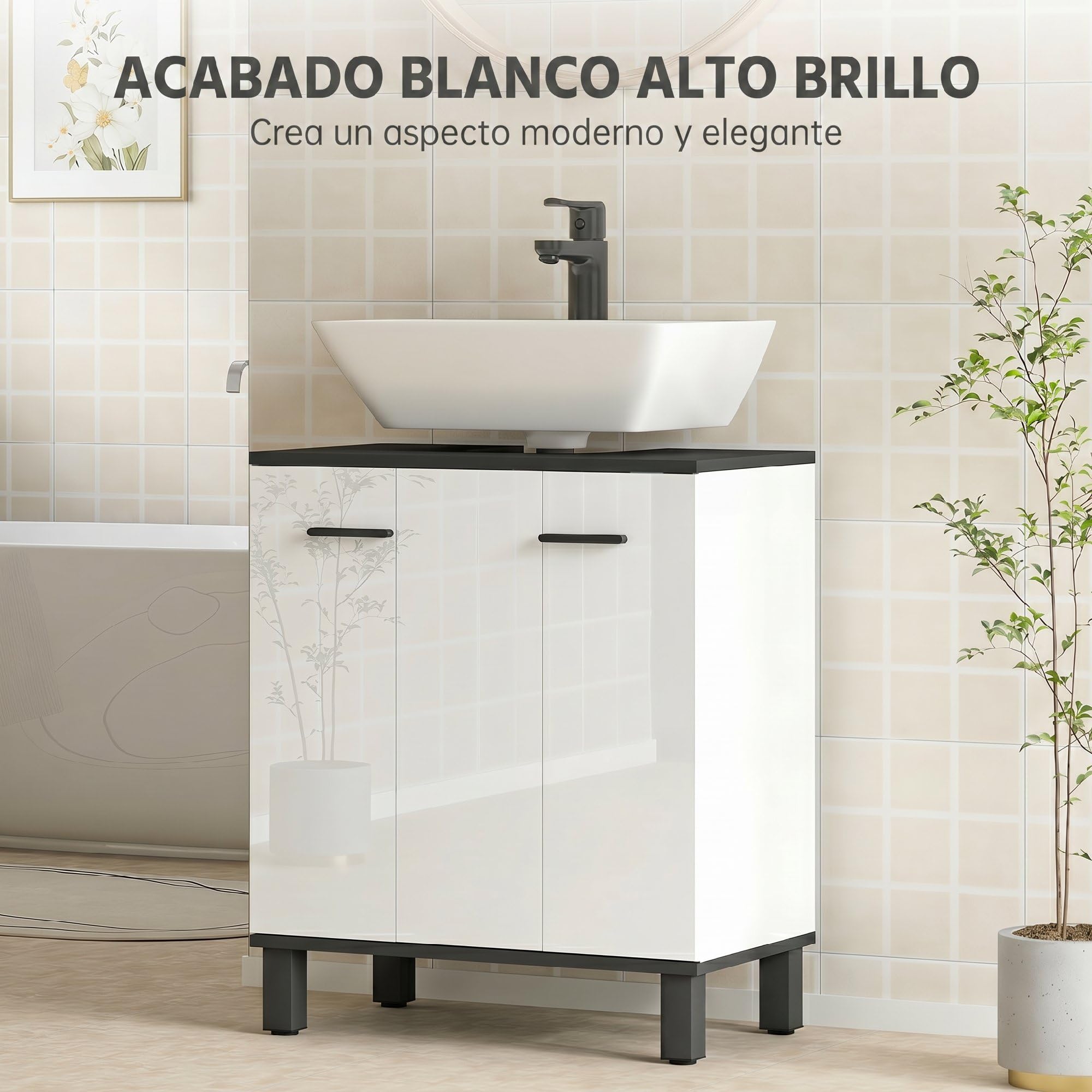HOMCOM Mueble Bajo Lavabo, Mueble de Baño Compacto con Estante Ajustable, 2 Puertas, Estilo Moderno, para Lavabo con o sin Pedestal, 60x34x70 cm, Blanco Brillo