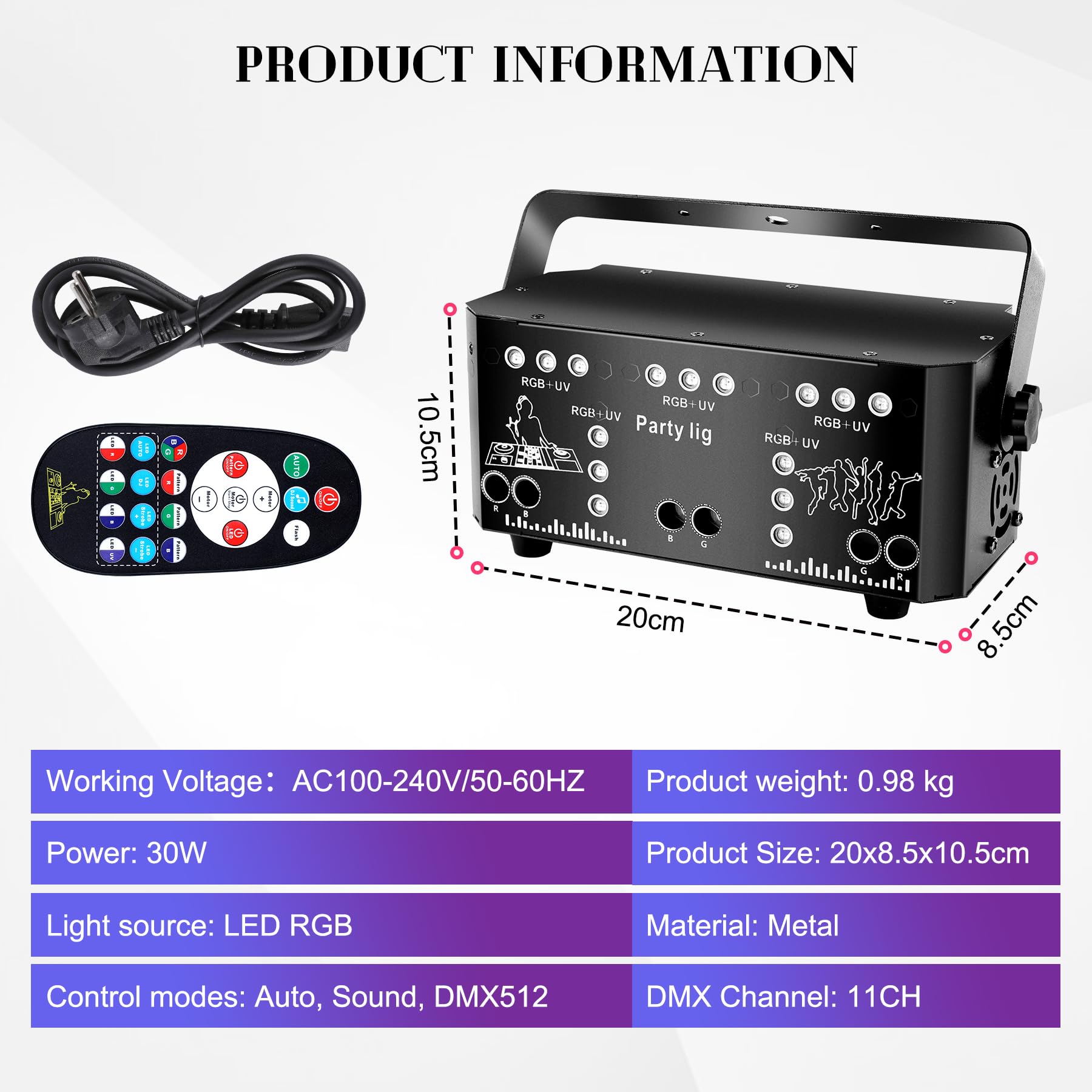 Światła imprezowe, 21 oczu RGB UV stroboskopowy efekt świetlny na imprezę, z pilotem zdalnego sterowania, DMX512, sterowane muzyką, oświetlenie dyskotekowe, do baru, klubu, na spotkania