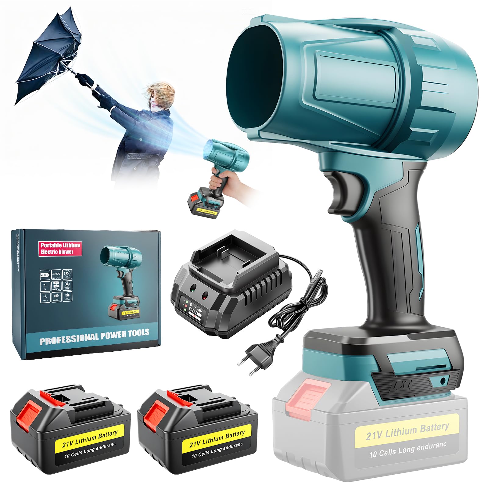 Yofuly Soplador de Hojas a Batería Compatible con Makita de 18V Baterías, Soplador de Aire Potente con 2 Baterías de 4,0Ah, Leaf Blower para Jardín, Coche, Patio, Hojas, Polvo y Nieve