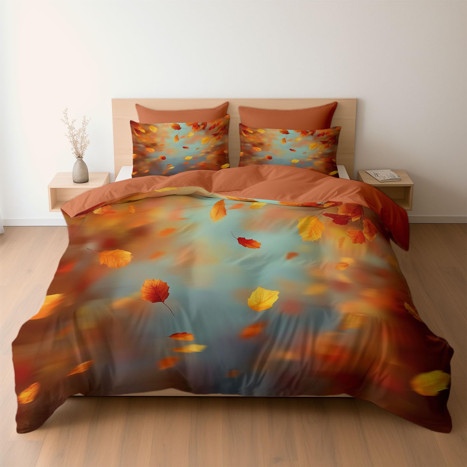 Autumn Falling Leaves Art Printed Duvet Cover, Reversible Warm Taupe Quilt Cover Bedding Cot-bed Bed Set, Cosy Soft Hypoallergenic Non-Iron Comforter Covers with Pillowcases