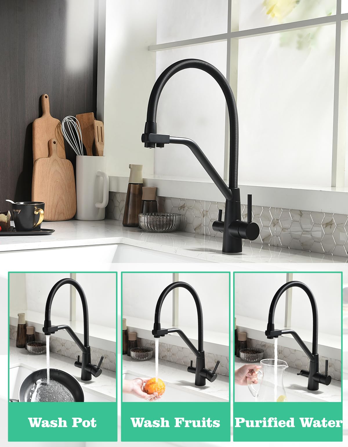 TIMACO - Rubinetto da cucina nero a 3 vie, girevole a 360°, con rubinetto 3 in 1 per filtro dell'acqua, con molla a spirale, con doppia leva, ad alta pressione