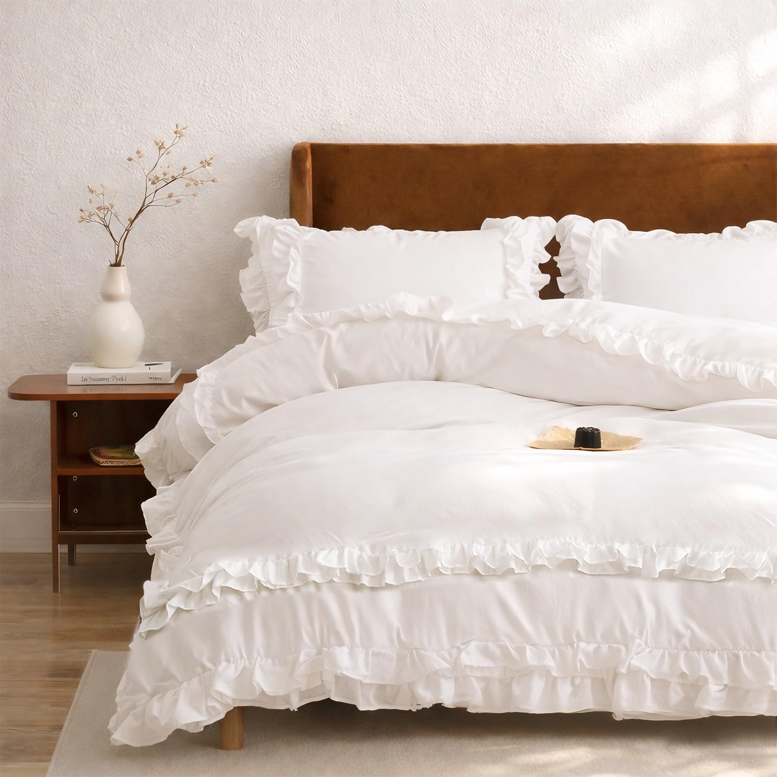 Wotcsil White Ruffle Bedding Set for Women Girls Ruffled Single Duvet Cover Set Plain Duvet Cover Shabby Chic Retro Double-Layer Frill Edge Design with Pillowcase