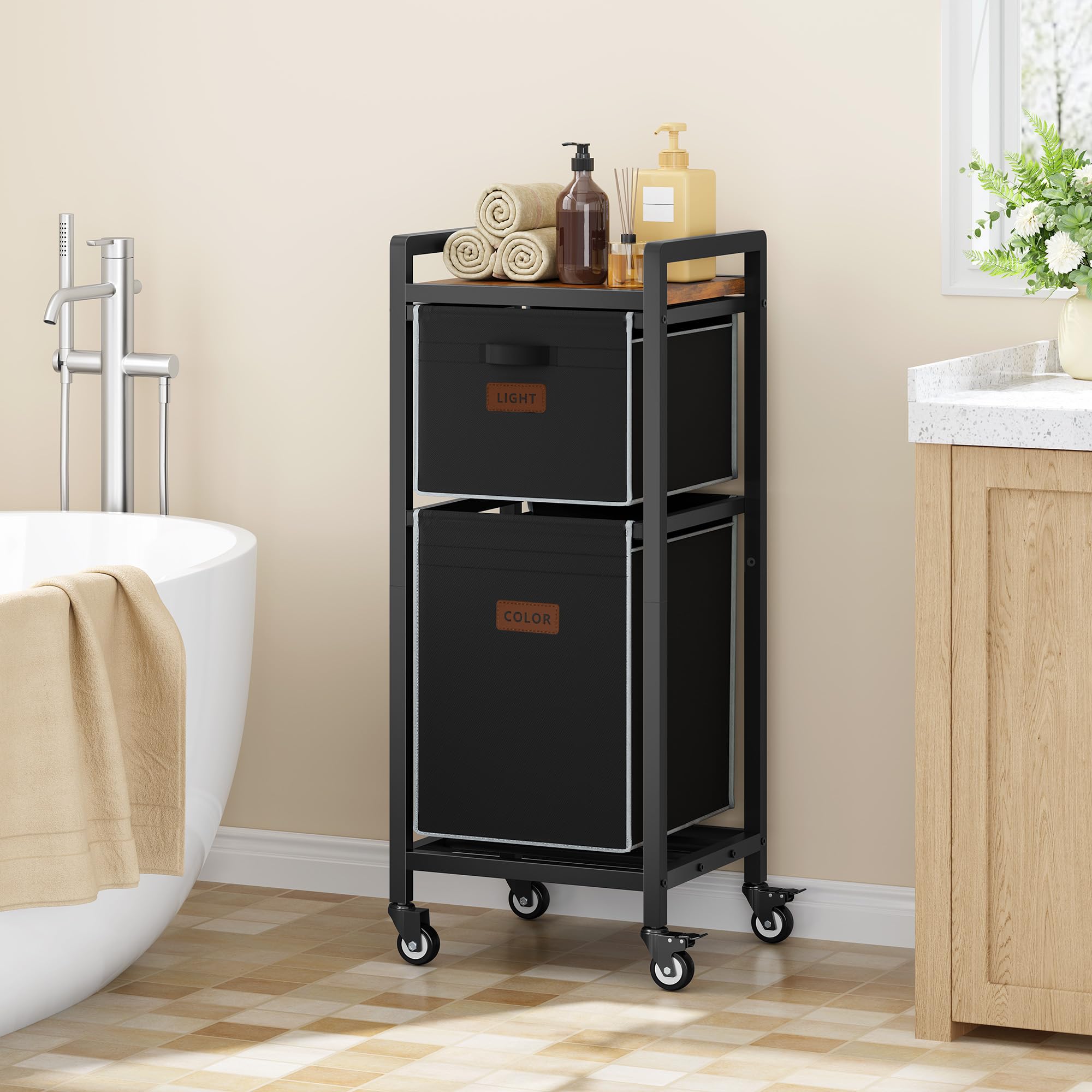 FAVOOSTY Cesto para Ropa Sucia, 2 Compartimentos, 70L, Cesta de Colada con Tablero Superior y Ruedas, Marco Metálico, Cesto Colada para Dormitorio, Baño, Dormitorio, Lavandería, Negro