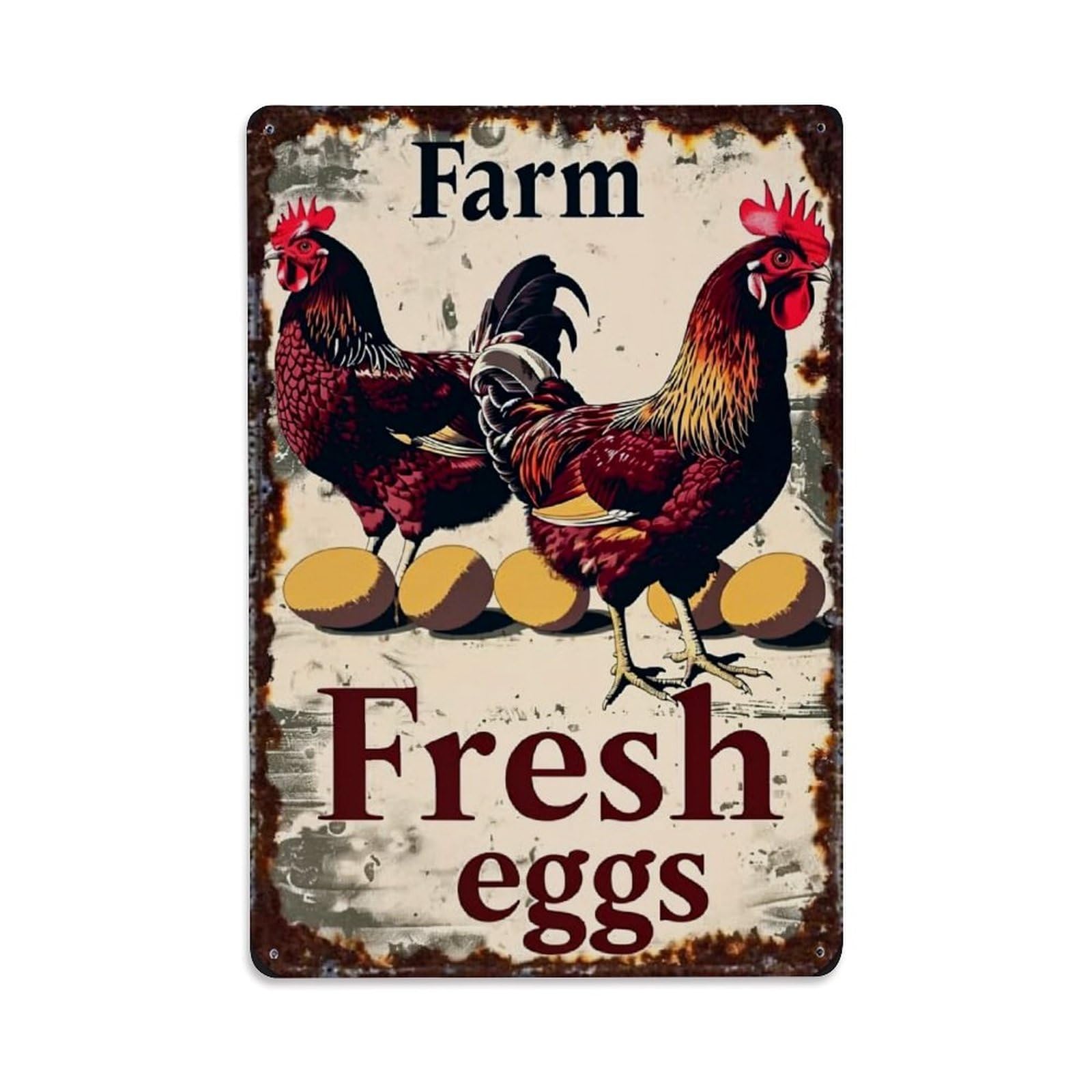 Farm Fresh Eggs Rooster Hen Retro Metal Tin Sign, Vintage Decor Art Poster for Bar, Home, Man Cave, Kitchen, Laundry Room Gift 8x12Inch