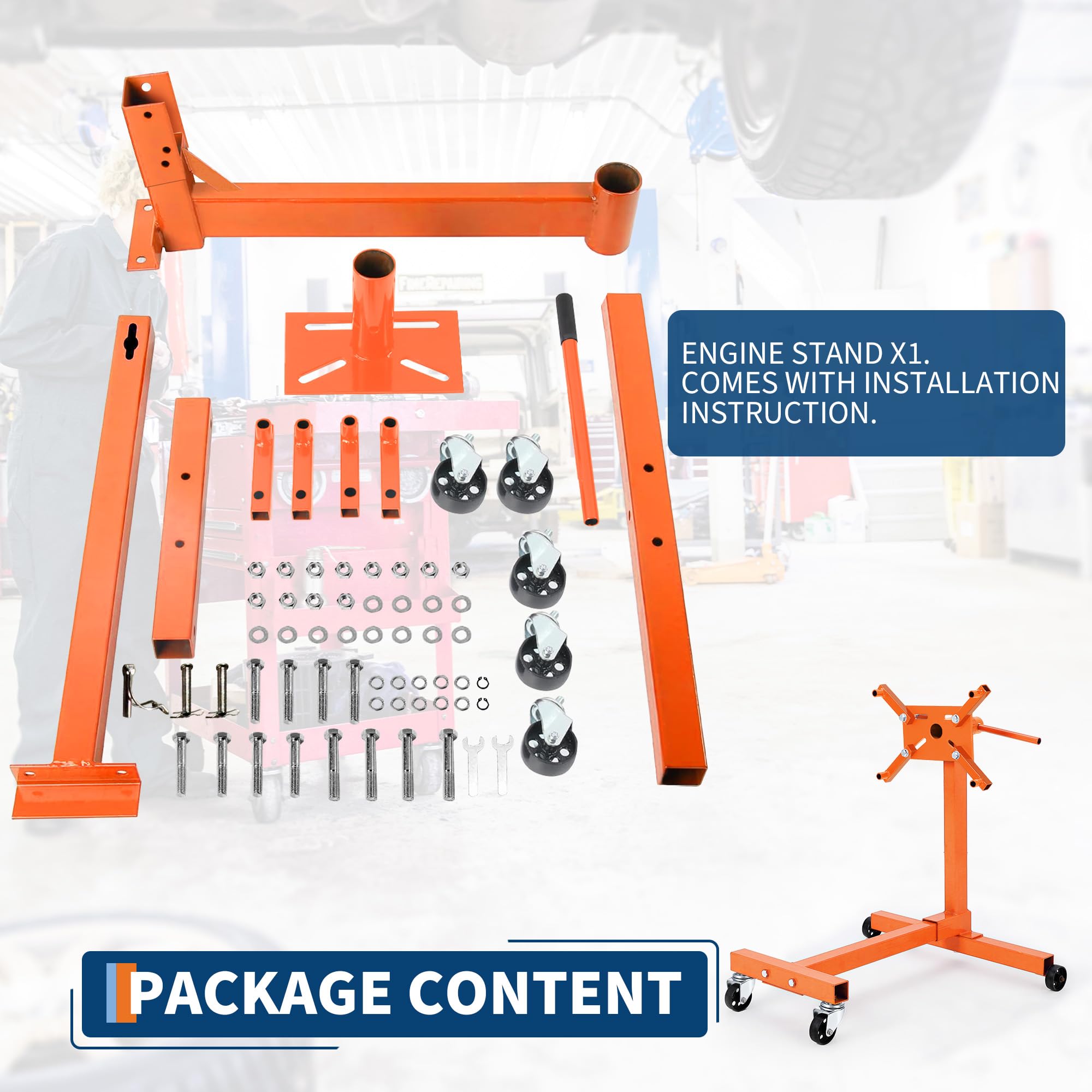 Garvee Support Moteur Rotatif Robuste – Capacité 1500 lbs, Rotation 360°, châssis Acier Pliable, 5 roulettes, 4 Bras réglables, Frein, Rangement Compact – Atelier, Garage, mécanique | Orange | 1500