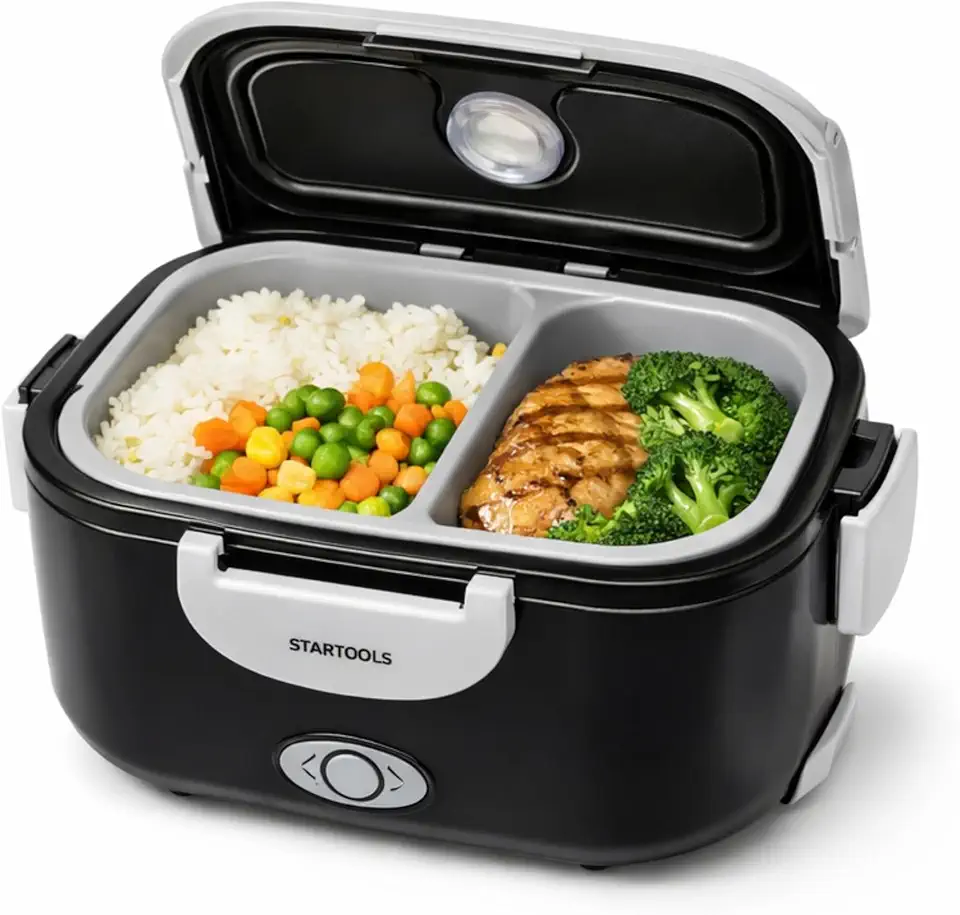 Marmita Elétrica Térmica Bivolt 1,5L Portátil 60W com Divisórias Colher e Travas de Segurança Preta