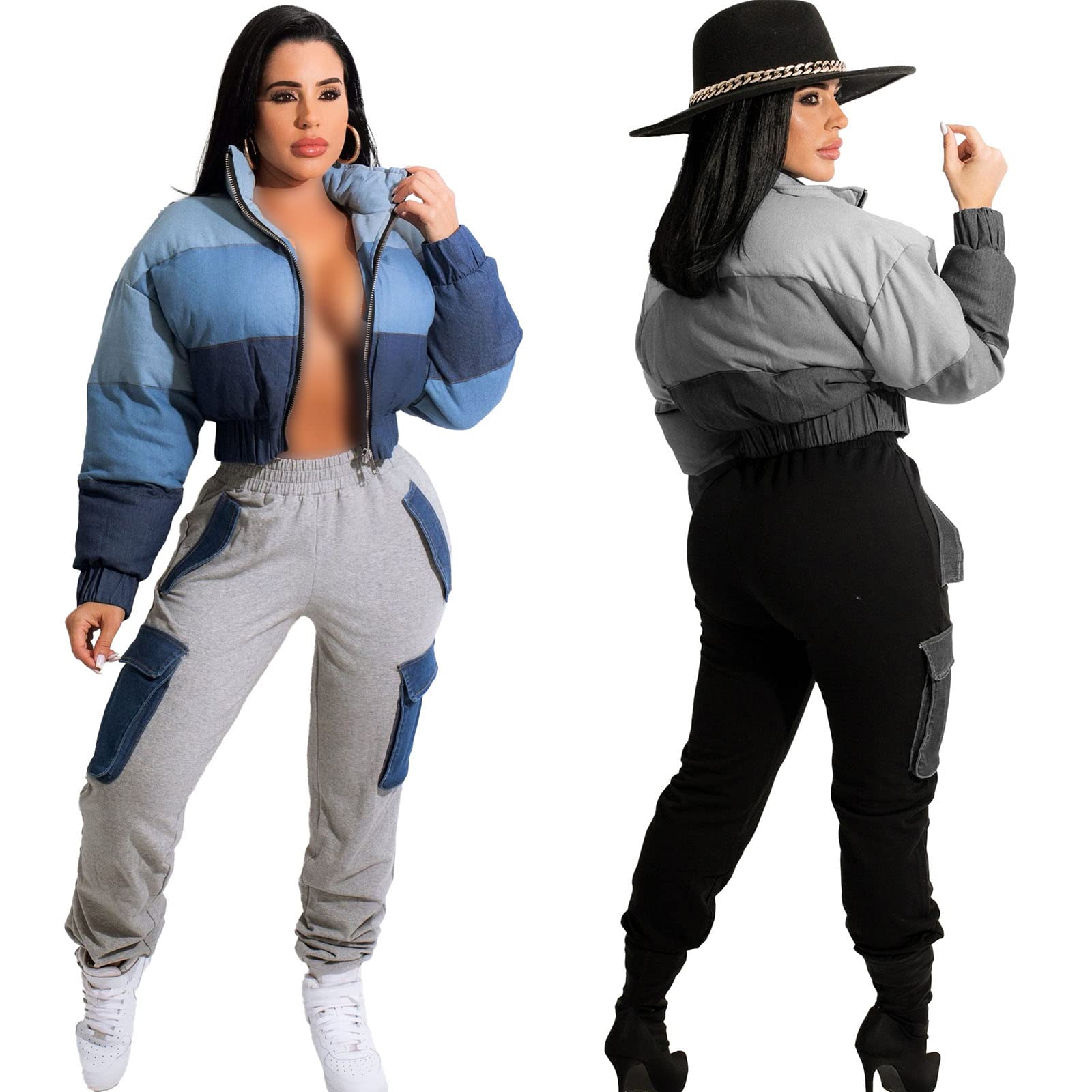 Chaqueta Acolchada Mujer, Mezclilla Chaqueta Corta De Plumas para Esquiar Viajar IR De Compras Calle Vacaciones Invierno O Principios De Primavera (Black Gray XXL)
