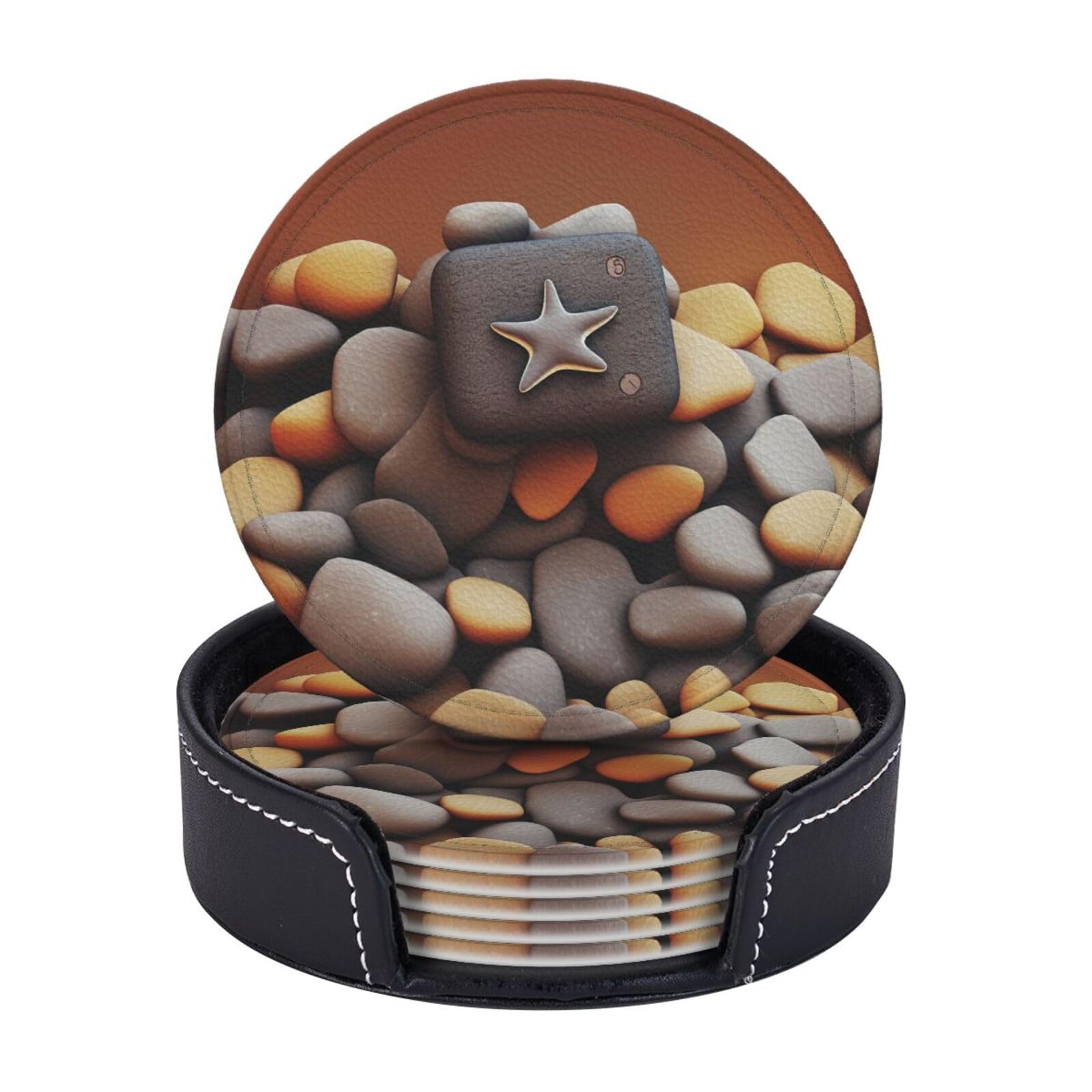 6PCS Drink Coasters with Holder, 4" Leather Coasters for Drinks, Pebble Cup Coasters for Coffee Table Decor, Non-Slip Drinking Cup Mat for Hot or Cold Drink