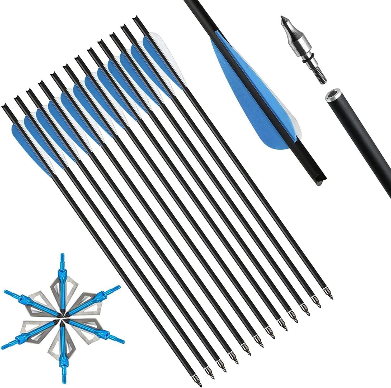 IRQ 20 Inch Carbon Crossbow Bolt and Crossbow Broadheads Set, 12 Pcs Hunting Carbon Arrows for Crossbow with 3 Blade Broadheads 6 Pcs for Archery Practise Hunting Crossbow Arrows