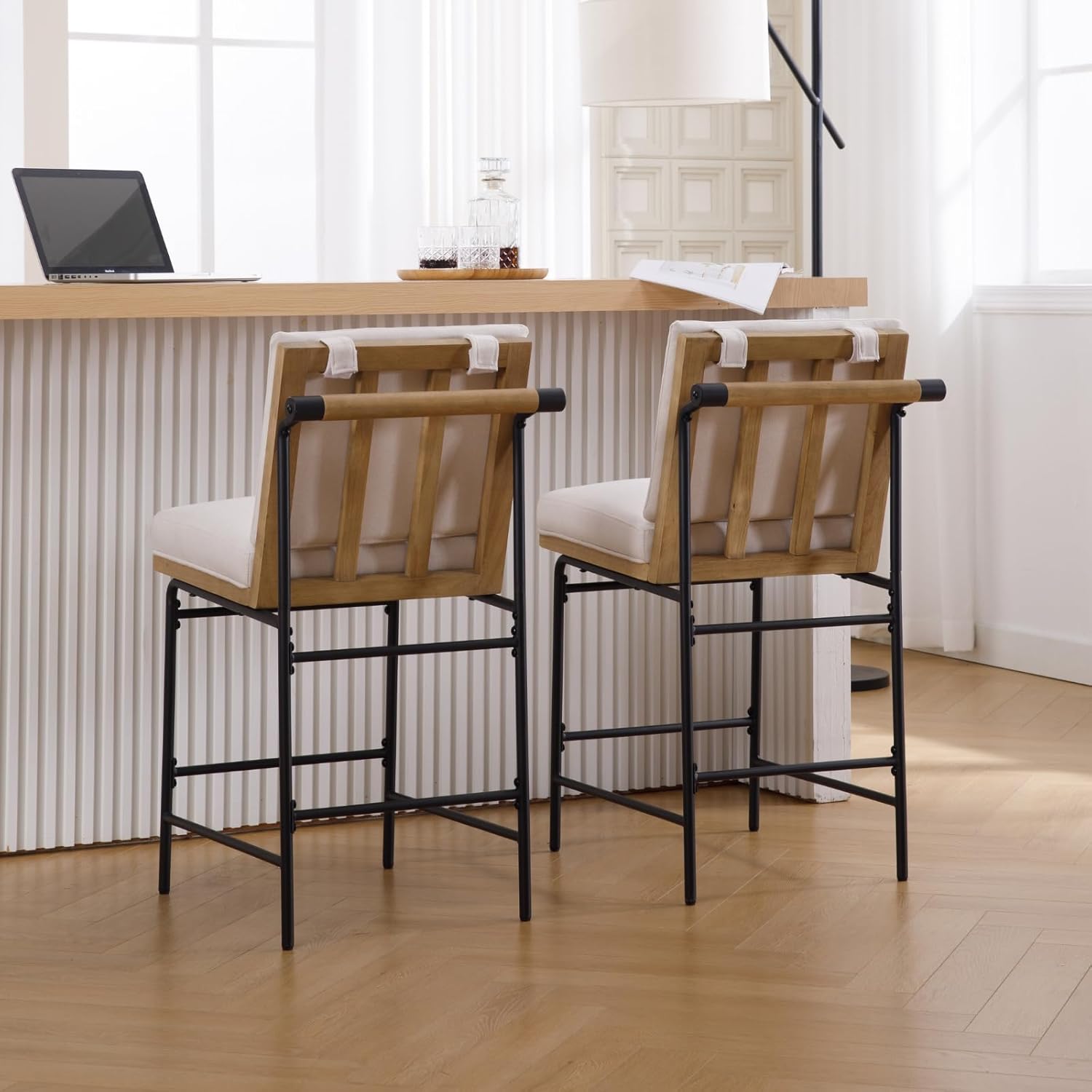 DUOMAY Mid Century Modern Counter Stools Set of 4, Linen 25.75" Seat Height Low Barstools with Metal Legs Armless Dining Stools Mid Back Breakfast Stool for Home Kitchen, Beige