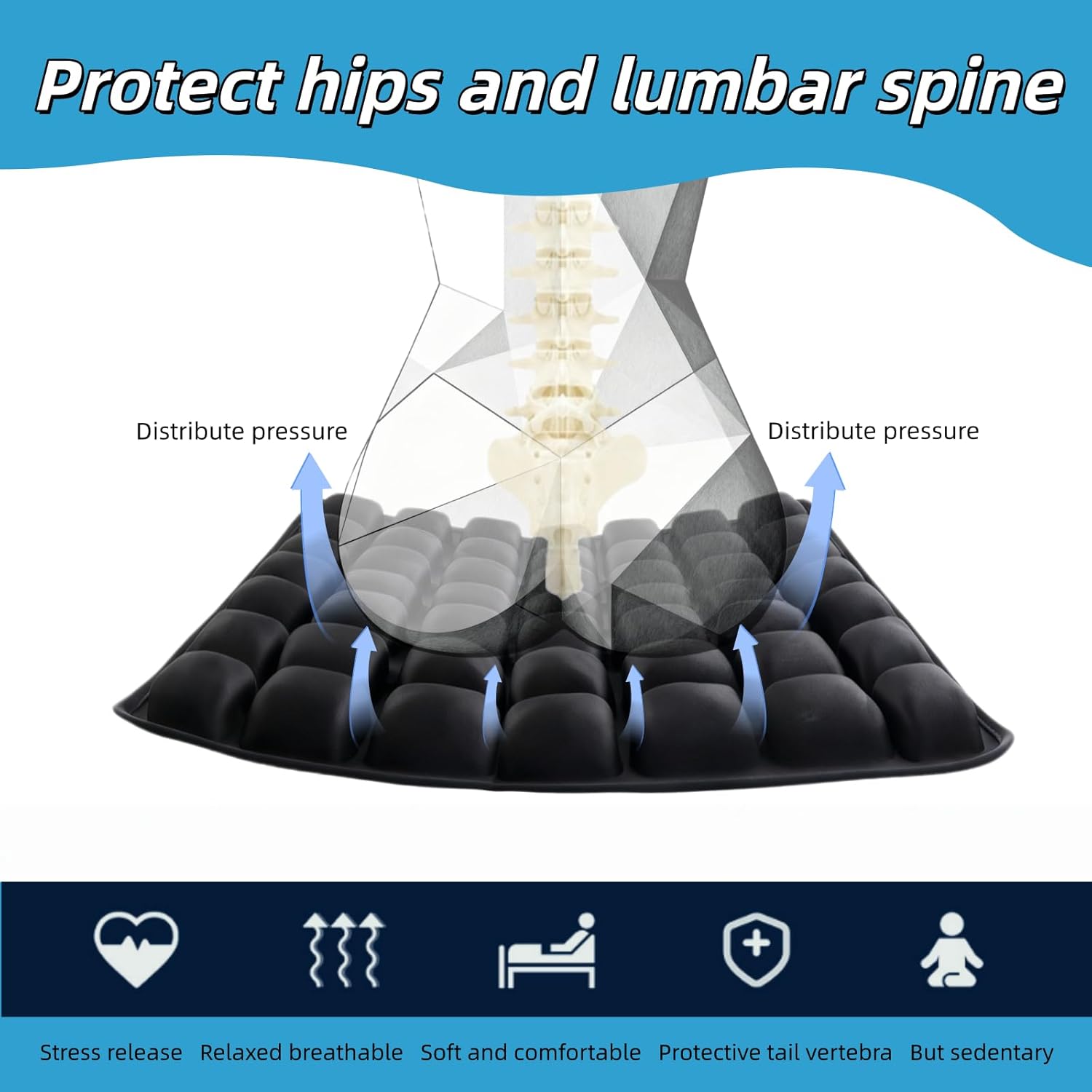 Inflatable Travel Airplane Seat Cushion, Press-to-Inflate Pressure Seat Cushion for Office Chair, Car & Wheelchair, Coccyx Buttock Pain Relief, with 3D Light Blocking Eye Mask (49 Air Cells)