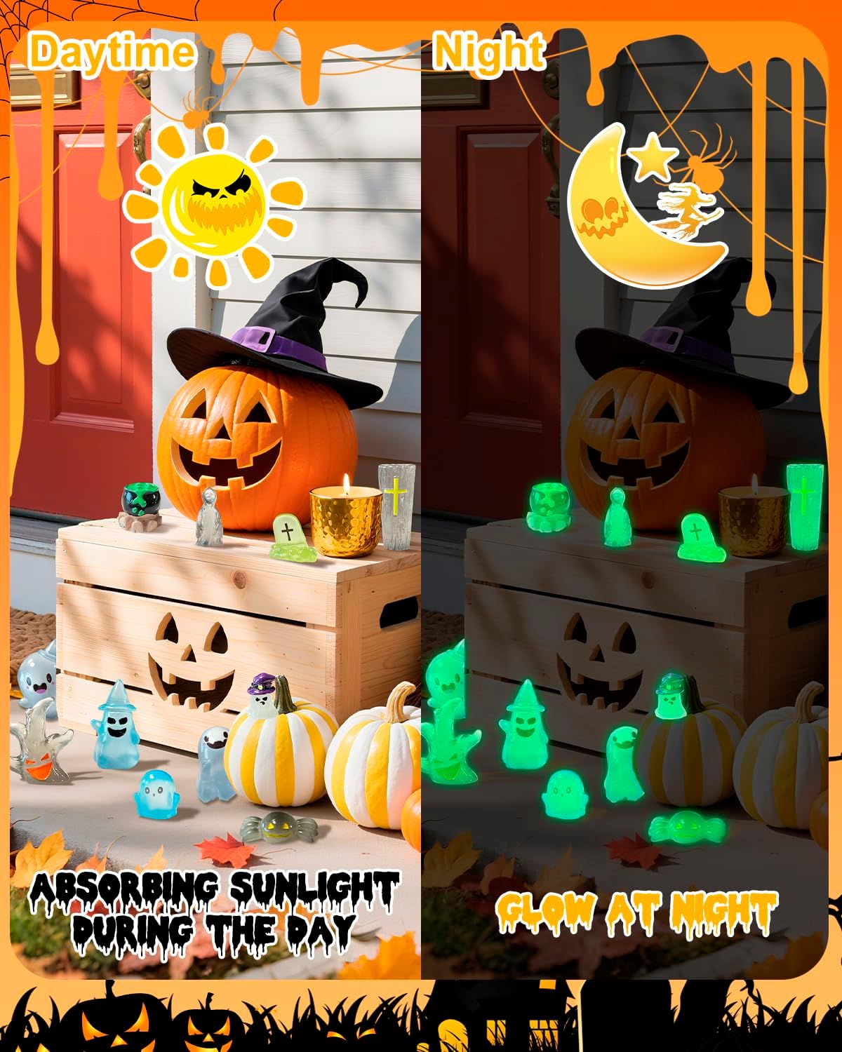 Piemow 72Pcs Halloween Mini Resin Animals Figures, Luminous Landscape Decor