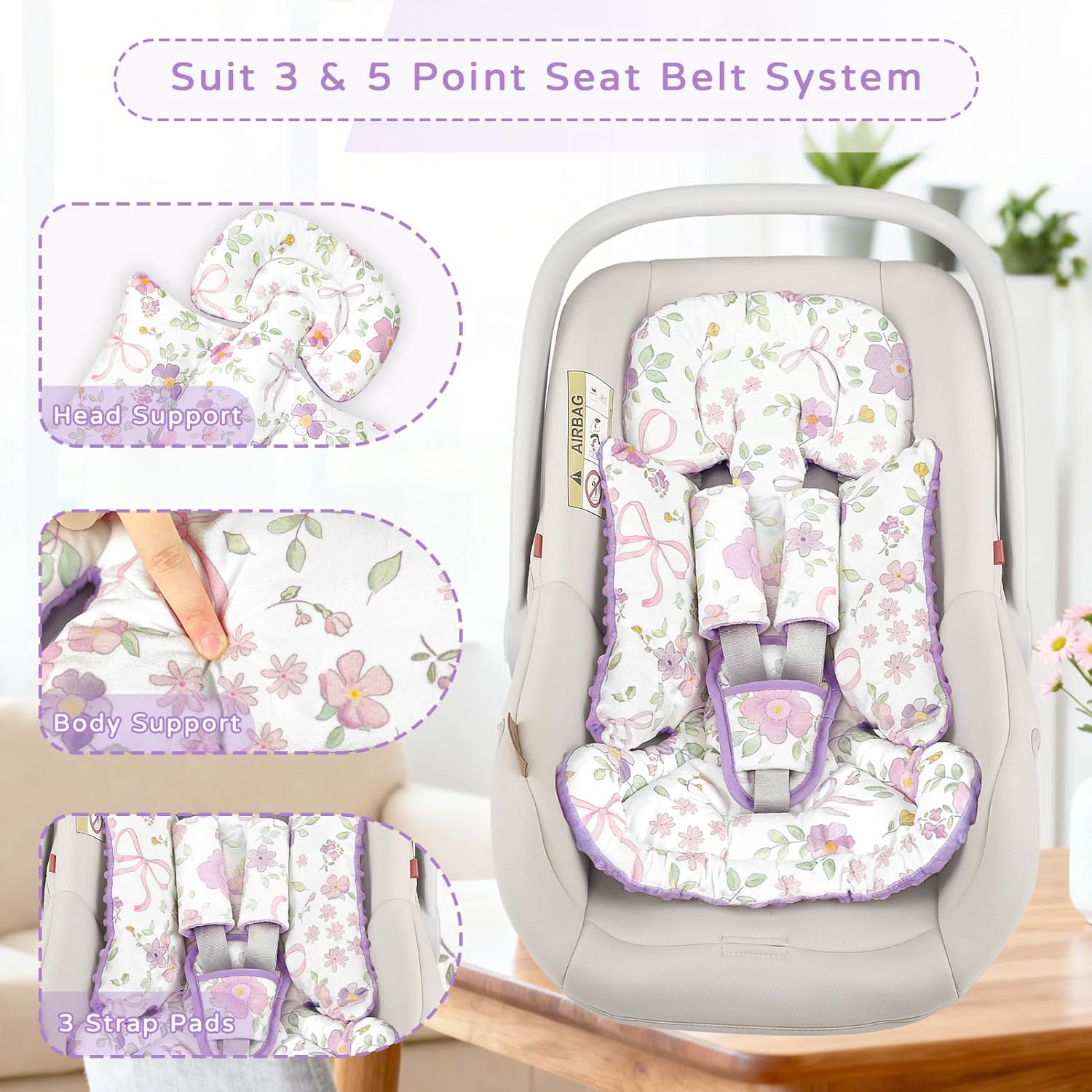 SWESEN Infant Car Seat Insert with 3 Strap Covers Set, Car Seat Head Support Baby for Girls, Soft 3 in 1 Baby Car Seat Cushion for Strollers, Bouncers, Swing, Purple Floral