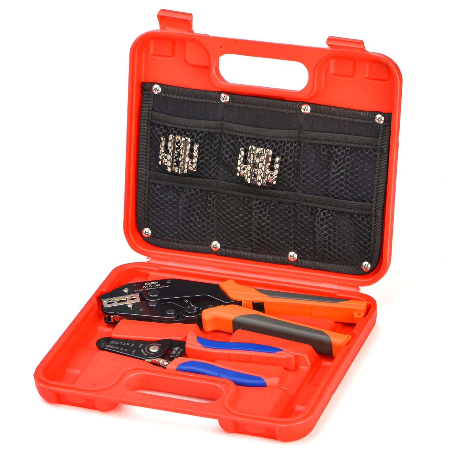 iCrimp 6PCS Quick Change Crimping Tool Kit for AWG22-10 Insulated Nylon Connector, Heat Shrink Terminals, Open Barrel, Battery Lugs, with Wire Stripper