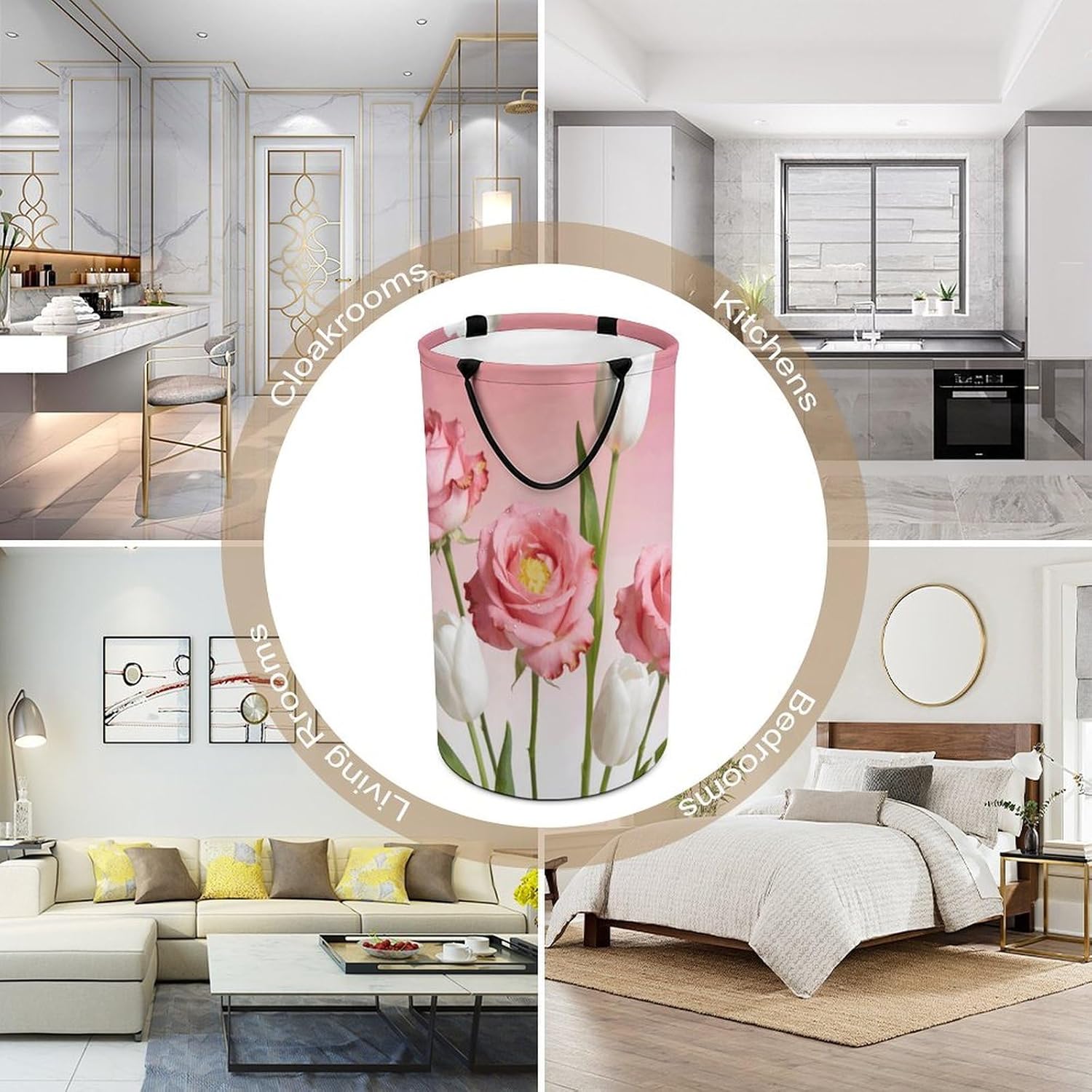 Pink White Flower Laundry Hamper with Handles Waterproof Collapsible Laundry Basket Large Lightweight Round Dirty Clothes Hamper for Home Dorm Bathroom Decor