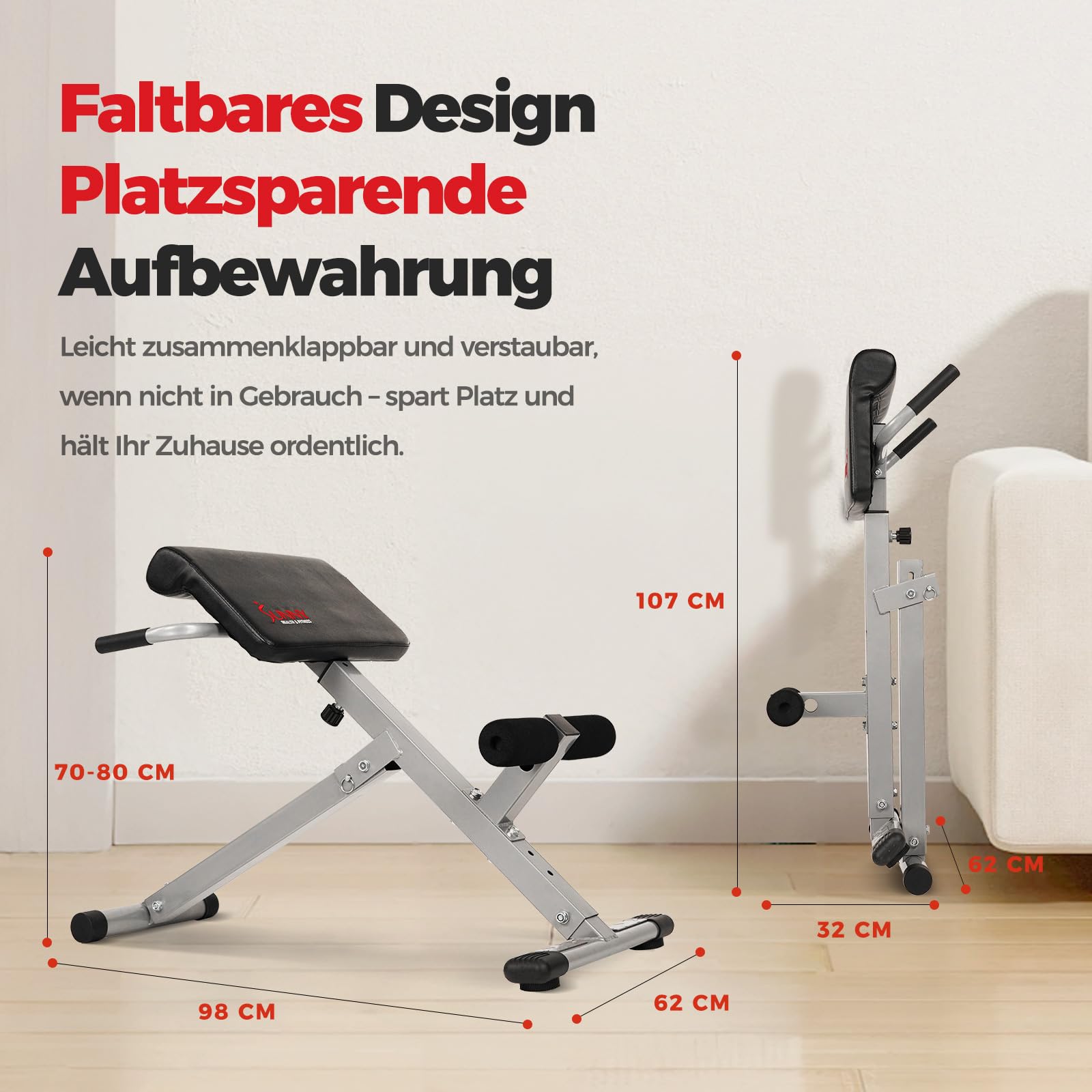 Sunny Health & Fitness Klappbar Roman Chair, Back Hyperextension Bench | Verstellbar Height, Trainiert Rücken, Bauch und Core, Heimtraining, 115-120 kg Belastbarkeit, Verbessert Flexibilität