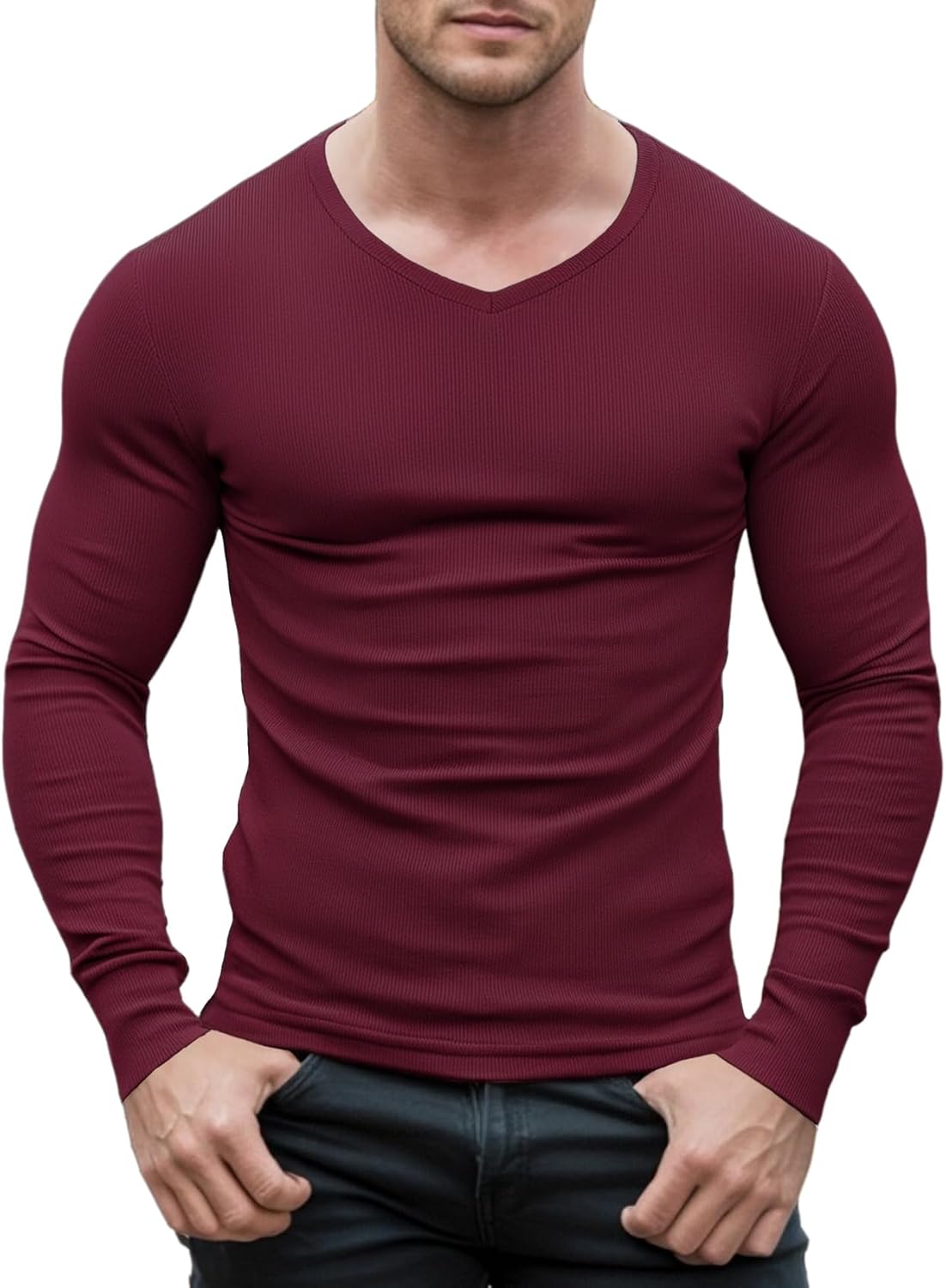 Agilelin Men's Muscle T-Shirts V Neck Thermal Long Sleeve Tee Casual Ribbed Undershirts