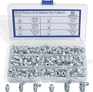 Boeray Hydraulic Grease Fitting SAE Standard 120pcs Assortment Kits - 1/4"-28 1/8"-28 Straight and 90 Degree and 45 Degree Steel Zerk Grease Nipple Fitting