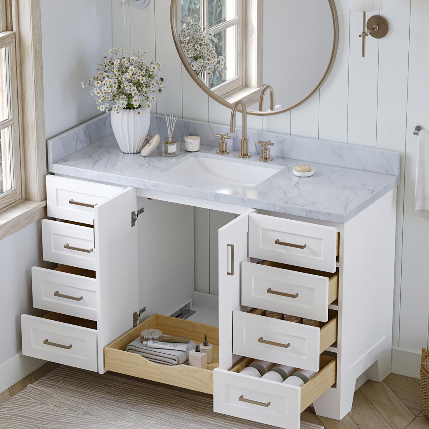 ARIEL Taylor 54-inch Bathroom Vanity with Sink,Solid Wood, 1.5-inch Italian Carrara Marble Countertop, Single Rectangular Porcelain Sink, 2 Soft Closing Doors, 9 Dovetail Drawers, White
