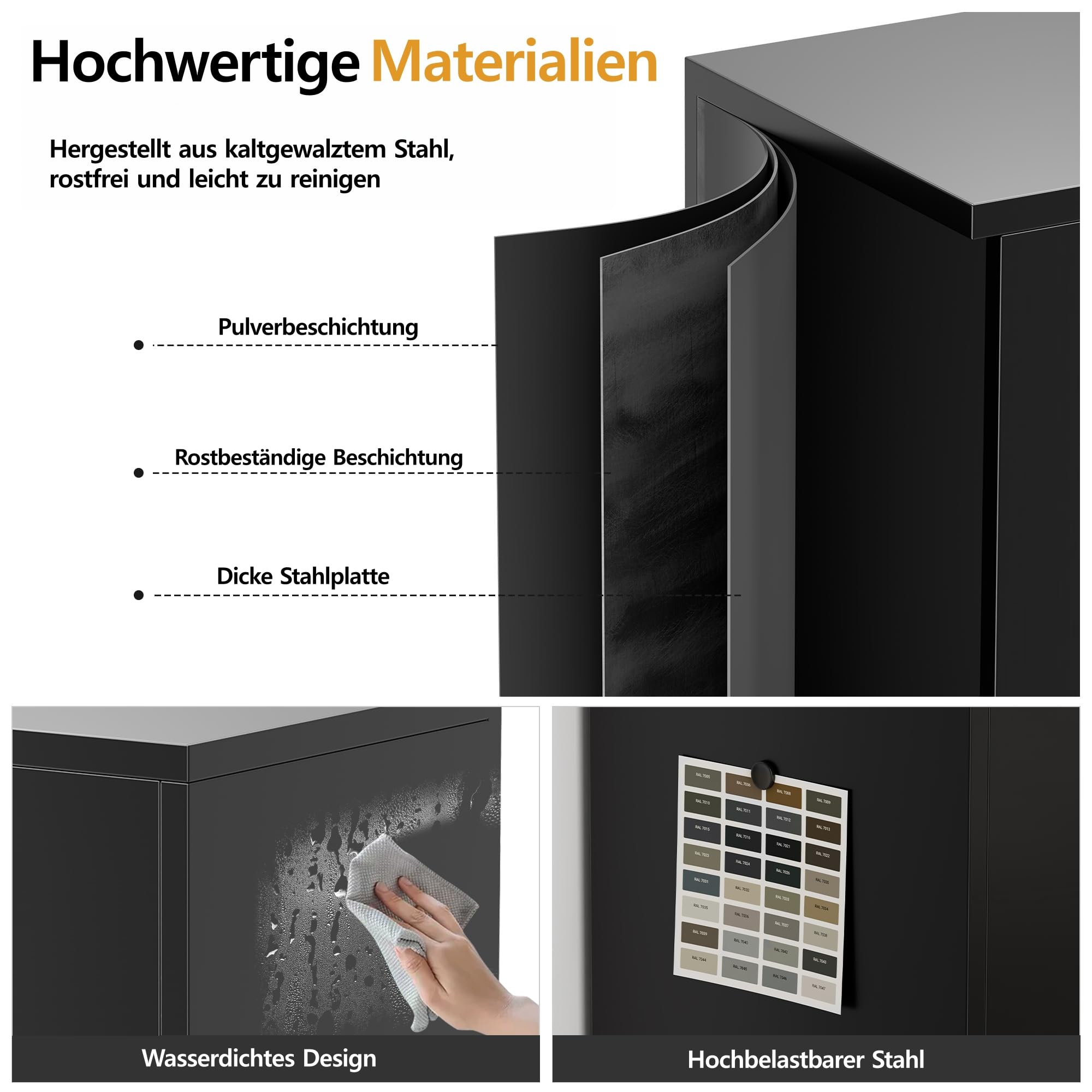 Aktenschrank, Mehrzweckschrank, Büroschrank mit 2 Türen, Schrank abschließbar, Aufbewahrungsschrank Stahl, Schrank abschließbar, 2 höhenverstellbare Einlegeböden für Büro, Garage(Schwarz,90*80*40)