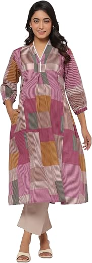 CRAFIQA Pre &amp; Post Maternity/Nursing Wear Hand Printed Kurta Cum Midi Dress/Nighty with Both Sides Zipper Easy Feeding to ...