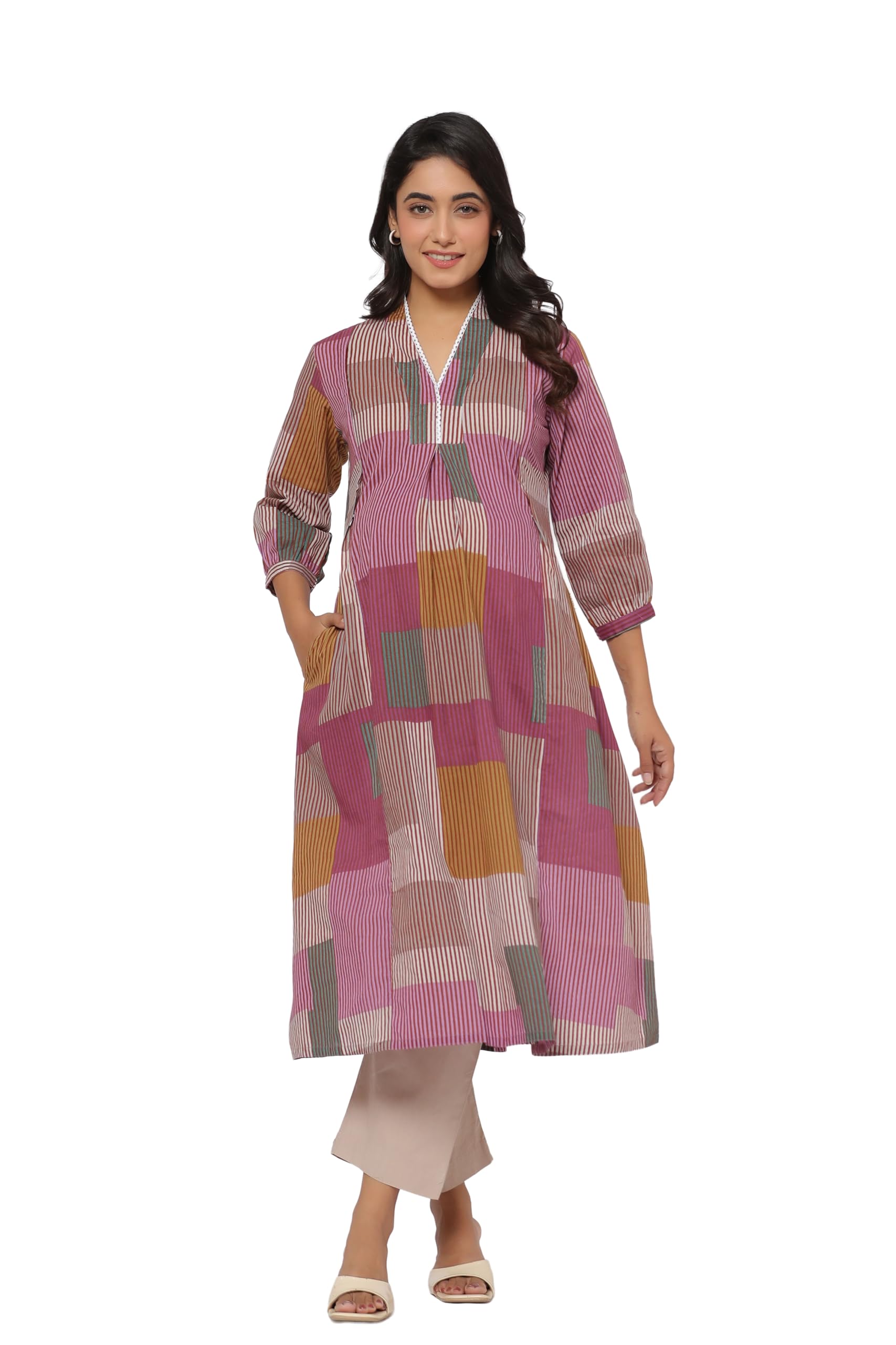 Pre & Post Maternity/Nursing Wear Hand Printed Kurta Cum Midi Dress/Nighty with Both Sides Zipper Easy Feeding to Be Moms & Nursing Mothers Cotton Mauve Multi-image-26