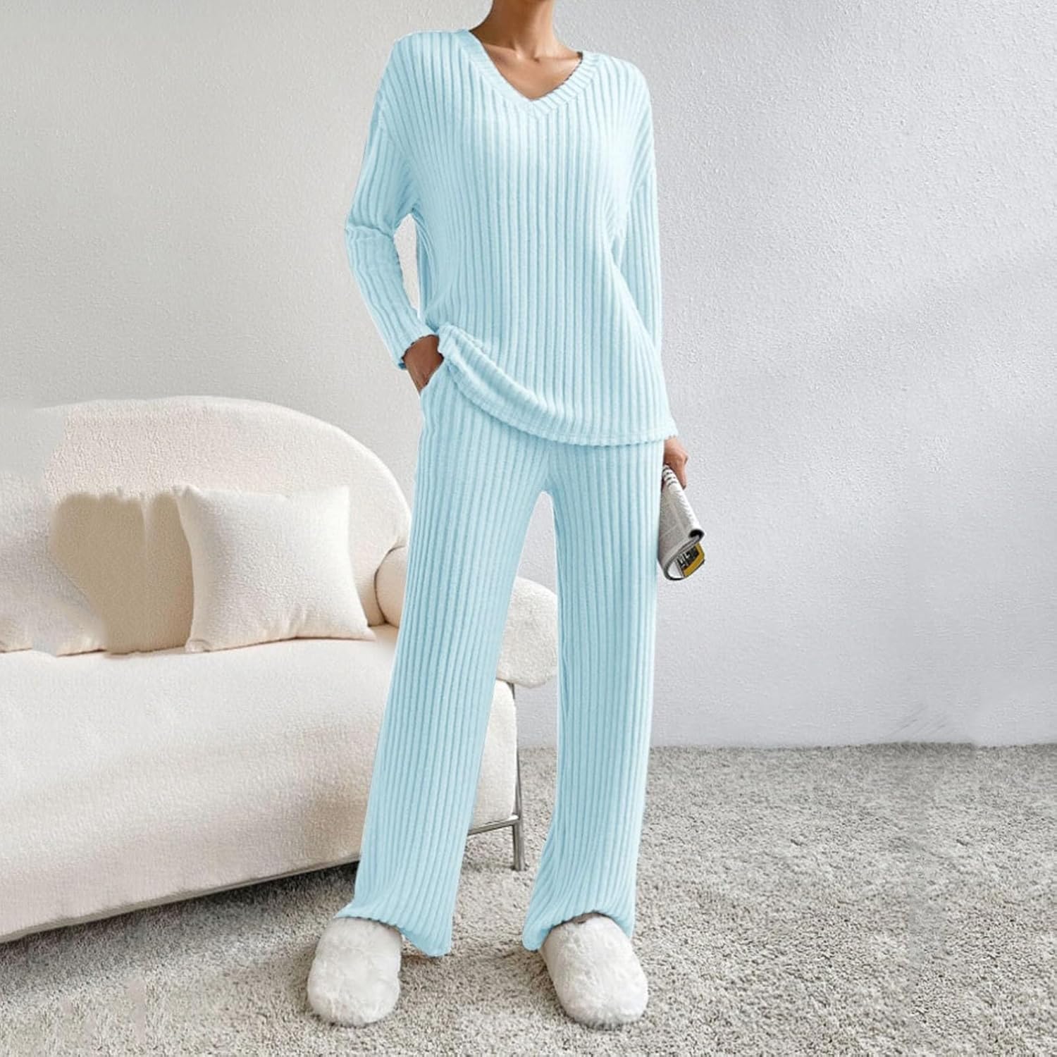 Damen Lounge Set 2-teilig - Strick Loungewear Mit Hose Und Pullover