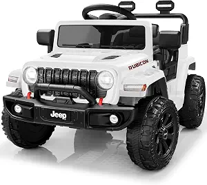 Licensed Jeep Wrangler Rubicon Ride On Car for Kids, 12V Battery Powered Electric Toy Truck with Remote Control, Bluetooth Music, LED Lights, Dual Motors, Suspension (White)
