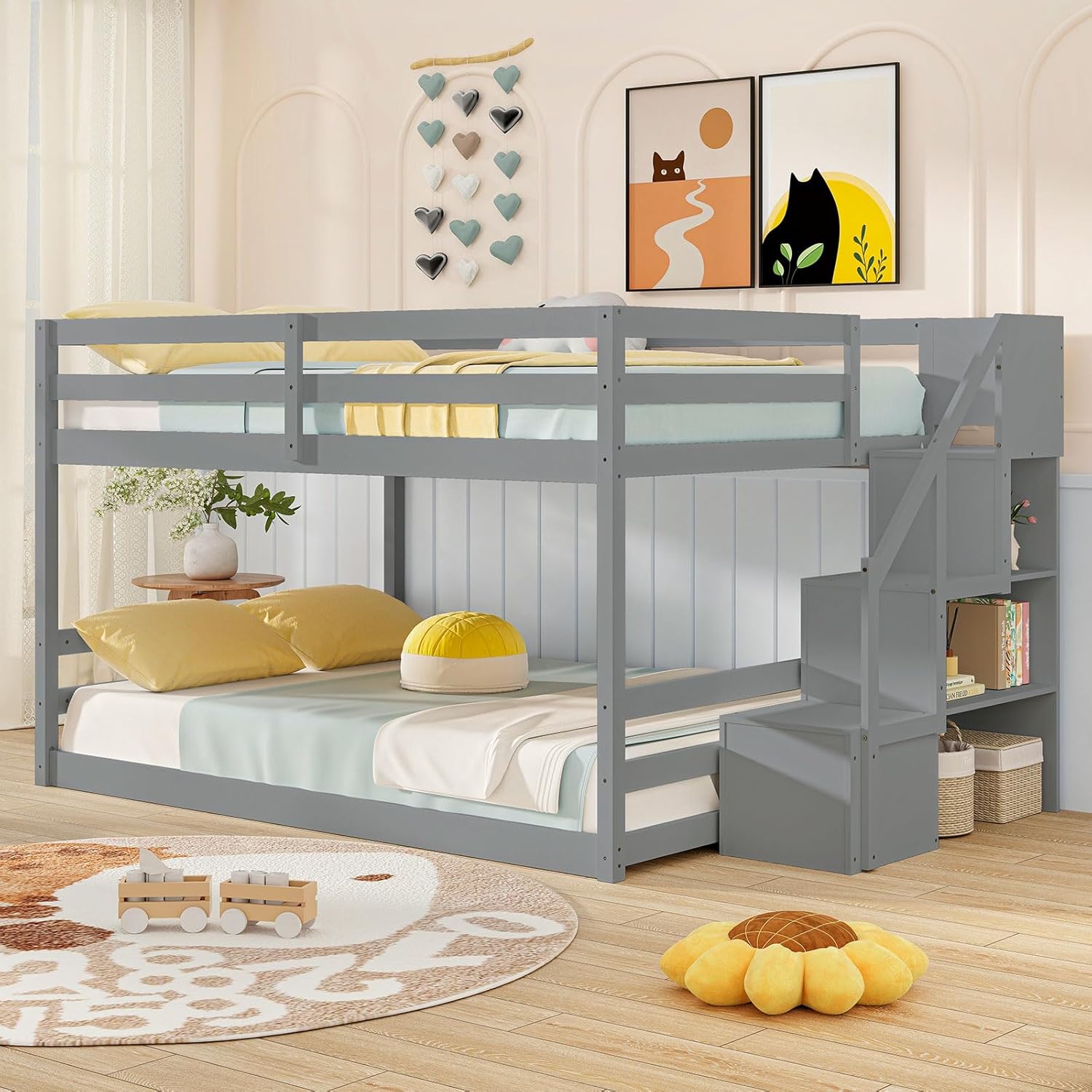 Giantex Full Over Full Bunk Bed with Stairs, Solid Wood Floor Bunk Bed with Storage Staircase & Full-Length Guardrails, Low Bunk Bed with for Kids, Teens, Adults, Dorm, Small Space, Grey