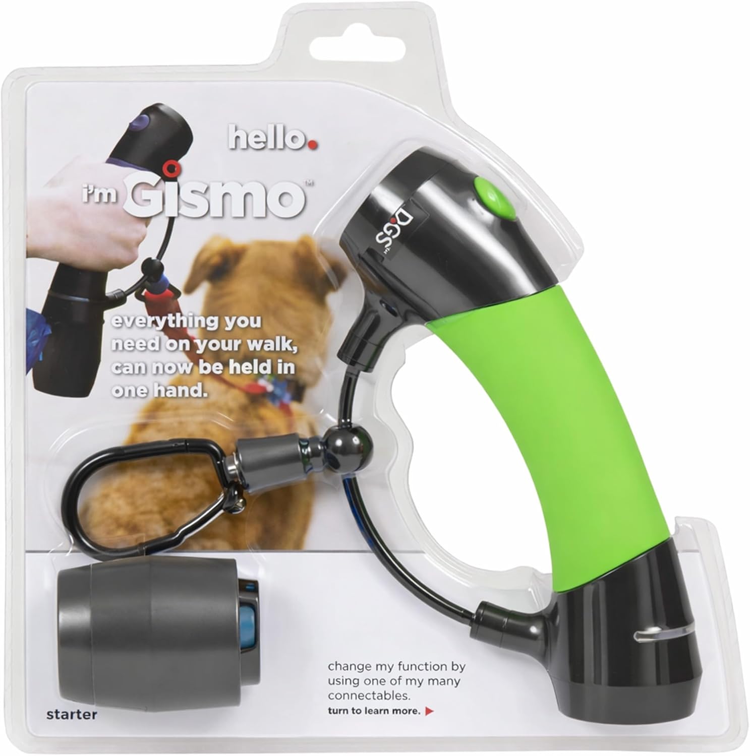 Dog Gone Smart I’m Gismo Handle with Poop Bag Dispenser - Ergonomic One-Hand Leash Holder with Silicone Grip - Smooth Rail System for Controlled Walks - Supports Dogs Up to 85 lbs - Lime Green