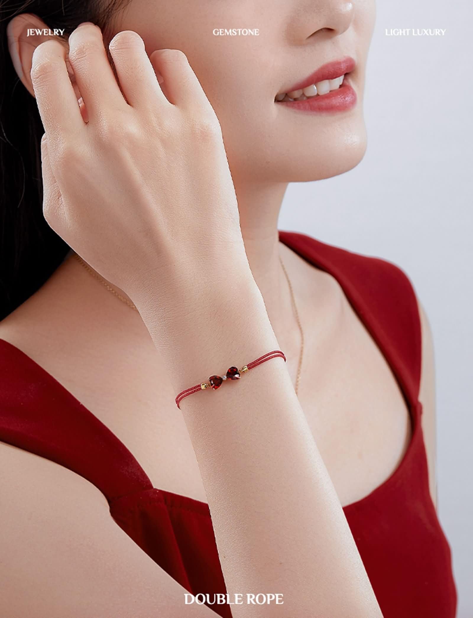 Pulseras de Oro 9 Kilates / 14 Kilates / 18 Kilates Mujer, Cordón Doble con Granate de 2 ct y Diamante, Cadena Extensible 16 CM + 5 CM, Pulsera Ajustable Mujer de Rojo