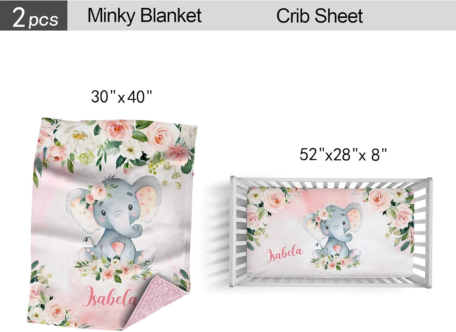Personalized Crib Bedding Sets for Baby Girls, Custom Baby Girl Crib Bedding Set with Name, Elephant Rose Nursery Bedding, 2 Piece Crib Bedding Set, Name Crib Comforter, Crib Fitted Sheets for Baby