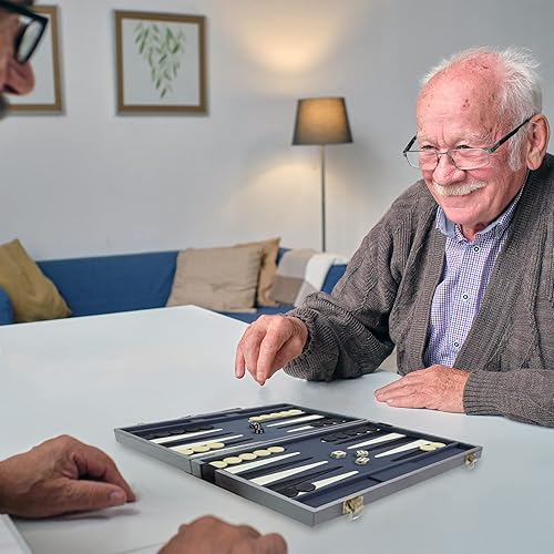 Miniatura 5 de Sun Flair Backgammon - Juegos de mesa para adultos y niños de 15 pulgadas, juego de mesa clásico plegable con funda de piel sintética premium,