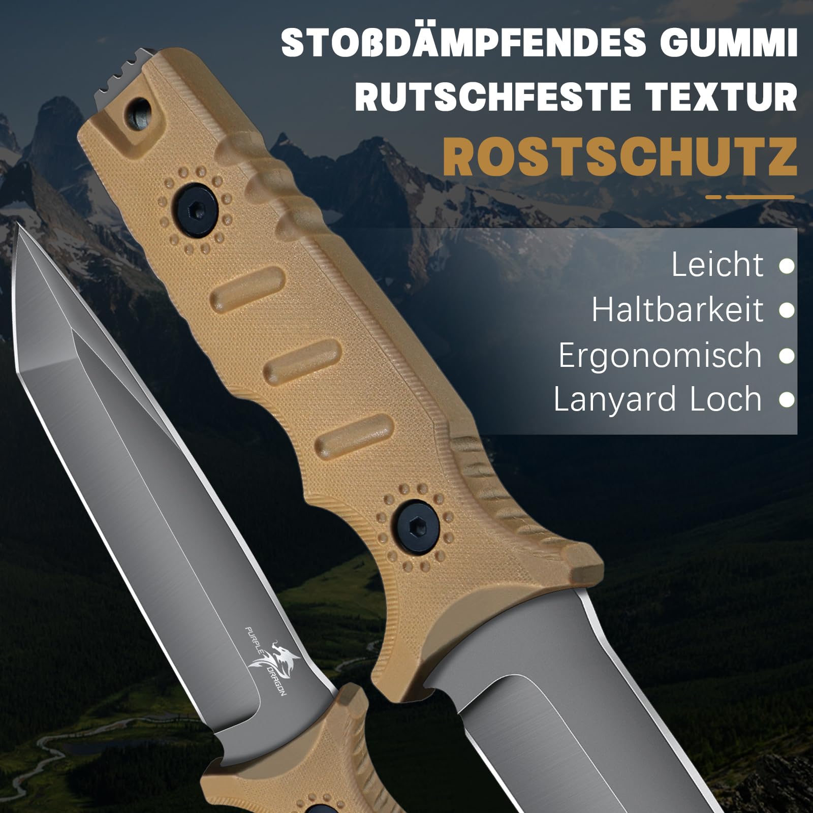 Purple Dragon Coltello da Esterno, Coltello da Sopravvivenza con Fodero in Kydex, Coltello con Lama Fissa in Acciaio D2 Forgiato in Unico Pezzo, Coltello Bushcraft Full Tang, Khaki