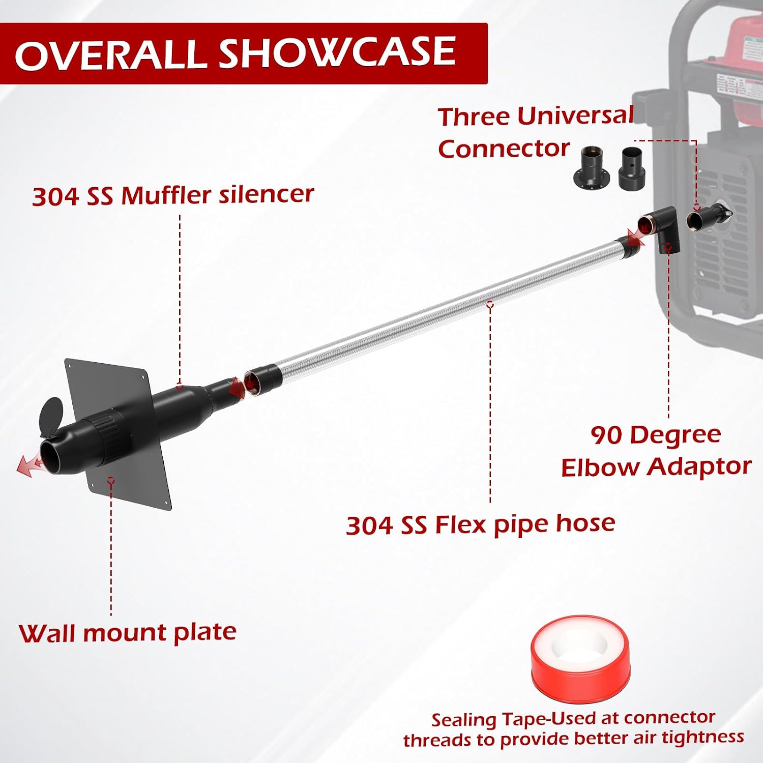 LCGP Generator Exhaust Extension Silencer Kit with Upgraded 304 Stainless Steel Flex Pipe Hose and Muffler Reduce Noise by 50% Three Adapters&Mounting Plate Universally Fit for All Portable Generators