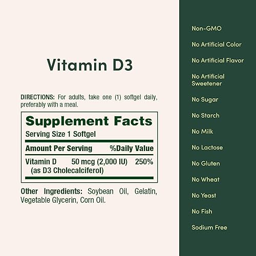 Miniatura 7 de Nature's Bounty Vitamina D3 2000 UI  Apoya la salud inmunológica, la absorción de calcio y la fuerza ósea  Esencial para huesos saludables  Sin OMG,