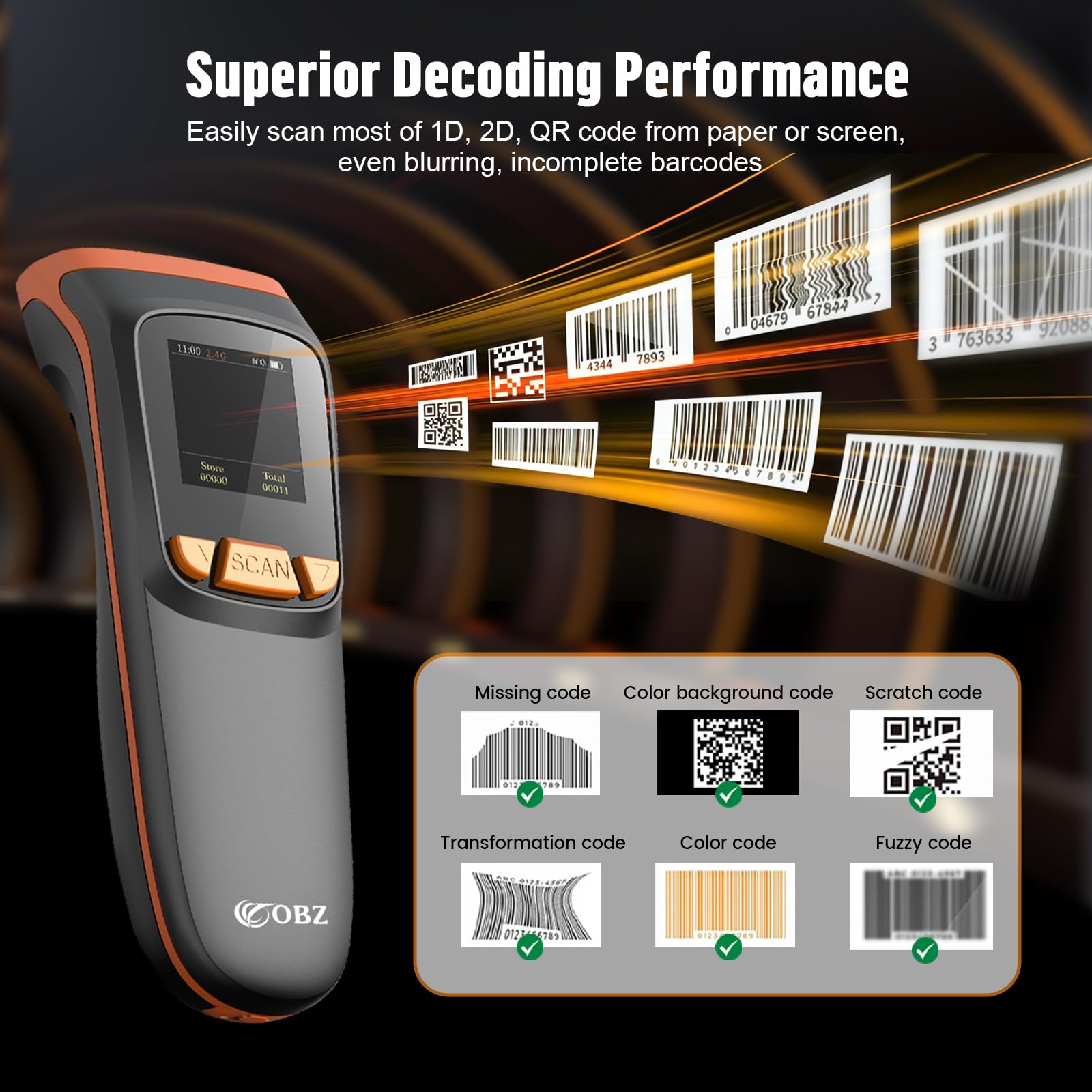 Lettore Codice a Barre Wireless QR 2D 1D con Schermo, OBZ Lettore Barcode Bluetooth cavo USB Scanner di Codice a barre Senza Fili Lettore QR Code per PC iOS Windows Android Tablet Inventario