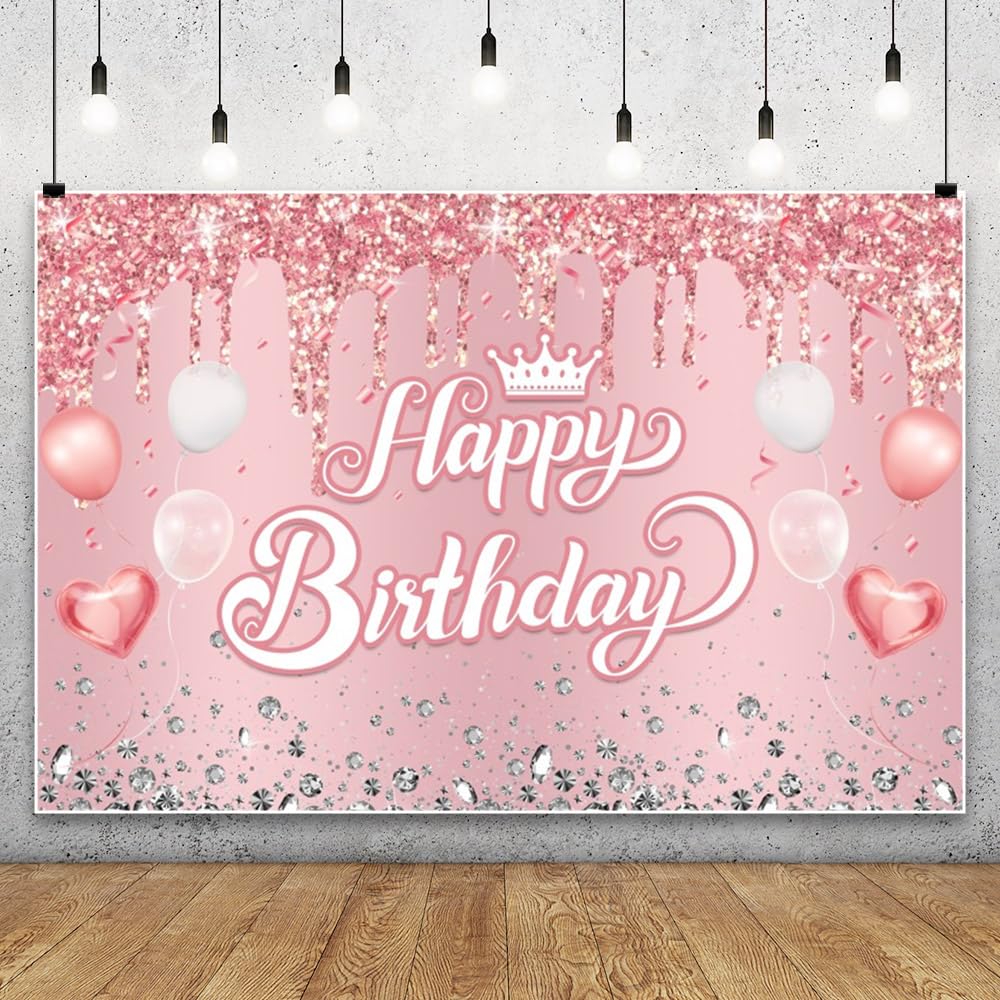 Toile De Fond Photographie Happy Birthday Nœud Rose Coquette - 208x150 Cm, Décoration EVJF Anniversaire Fille