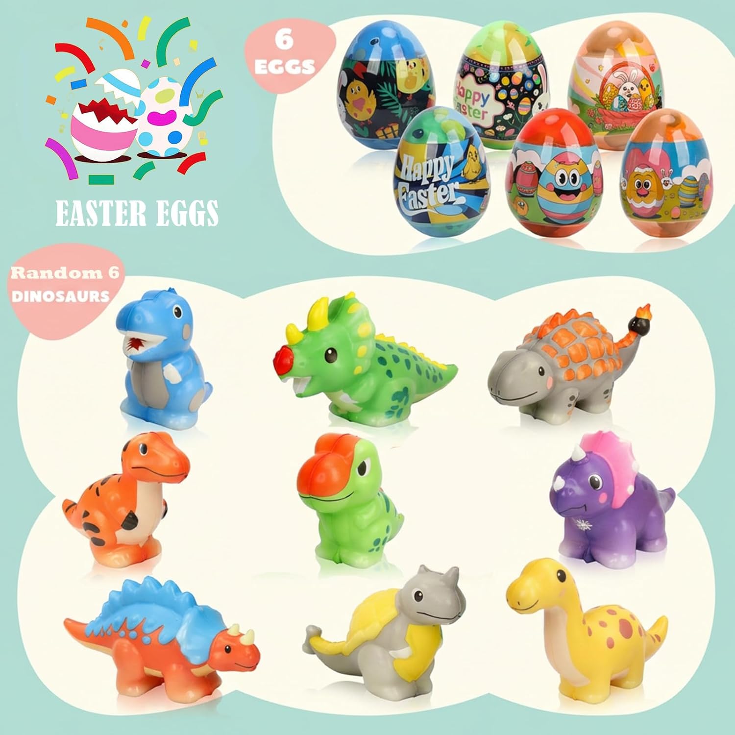 6 Pack Jumbo Easter Eggs Filled with Dinosaur Slow Rising Squeeze Toys for Kids Boys Girls,Easter Basket Stuffers,Party Favors,Egg Hunts