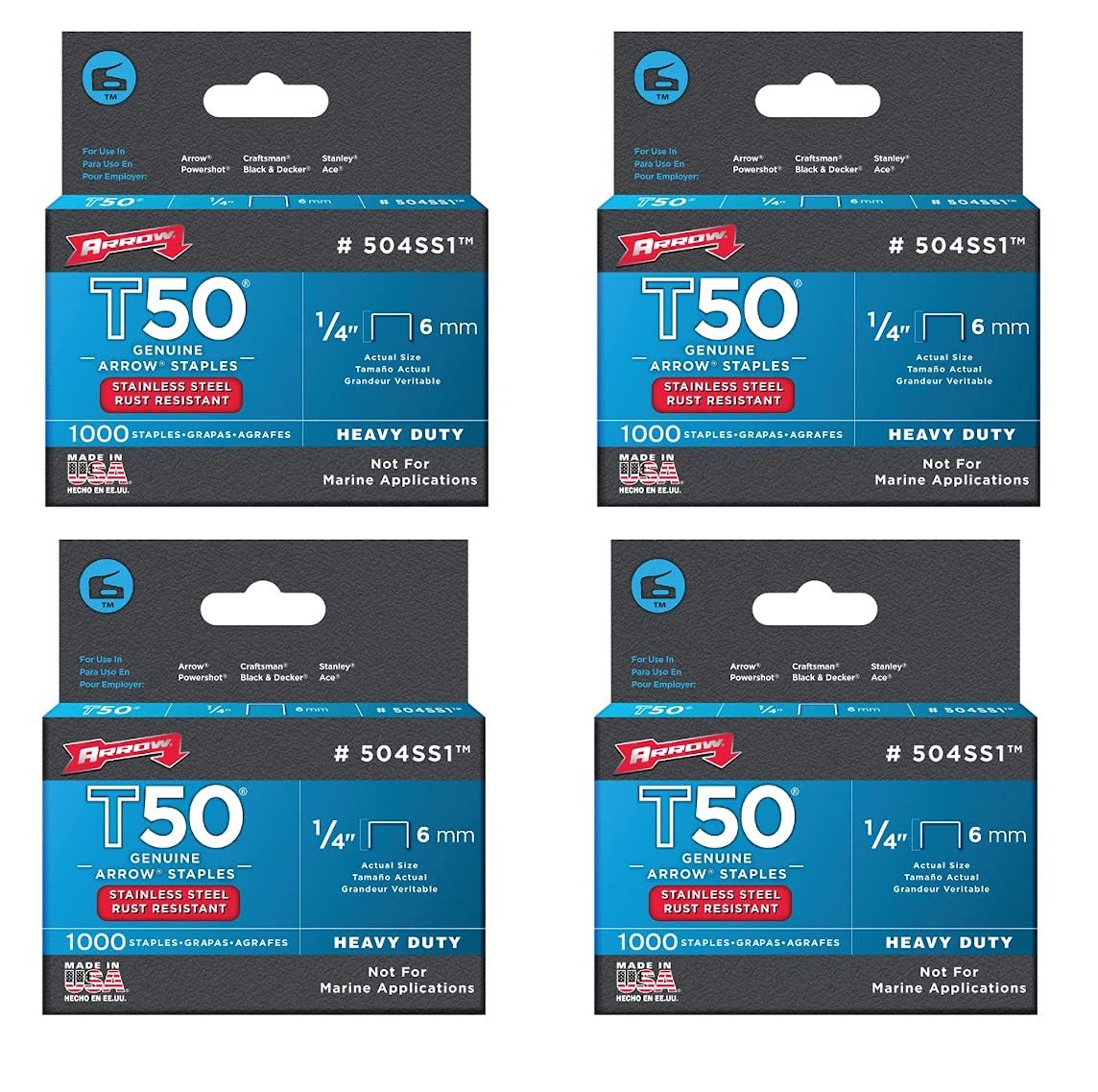 Pack of 4 Arrow Fastener 504SS1 1/4" T50 Stainless Steel Staples