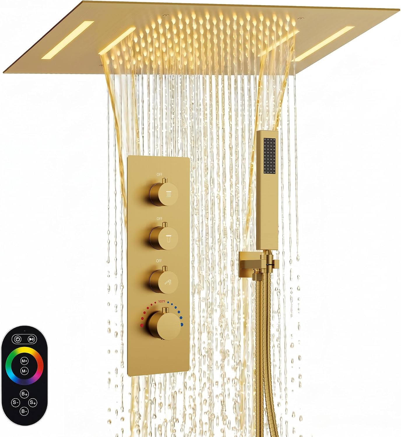 23" Thermostatic LED Ceiling Shower System, Brushed Gold